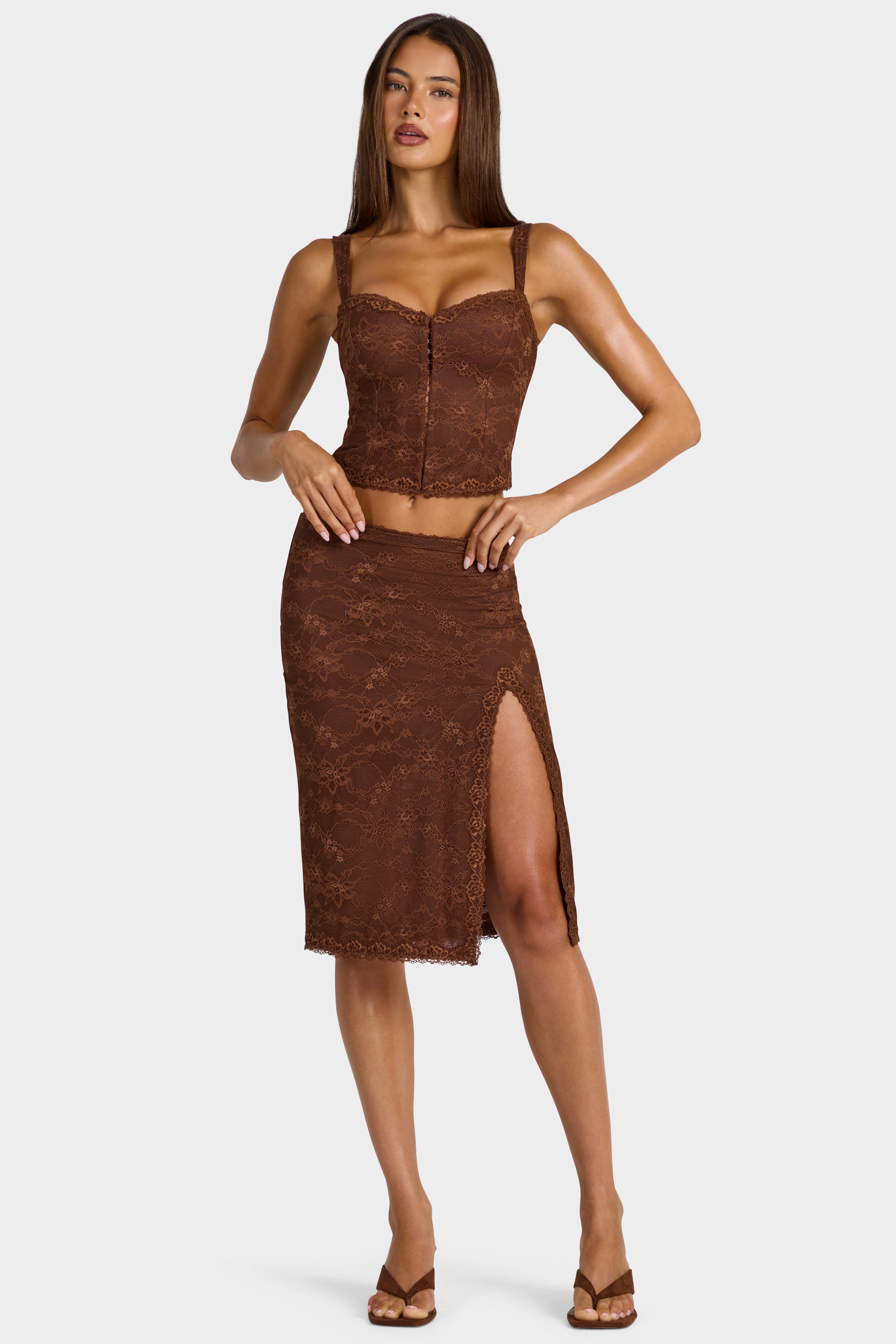 Lace Low-Rise Midi Skirt in Cocoa Brown
