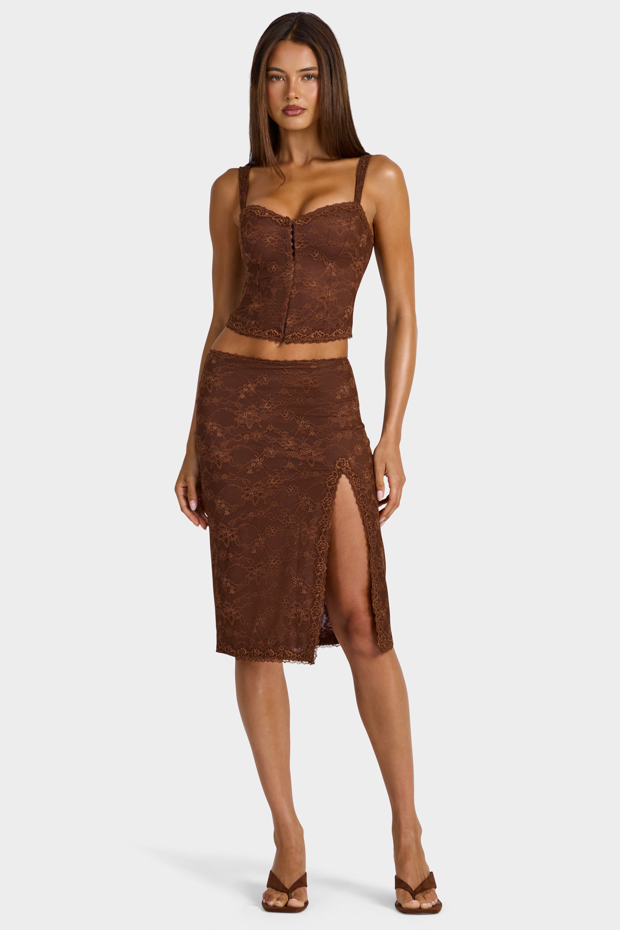 Lace Low-Rise Midi Skirt in Cocoa Brown
