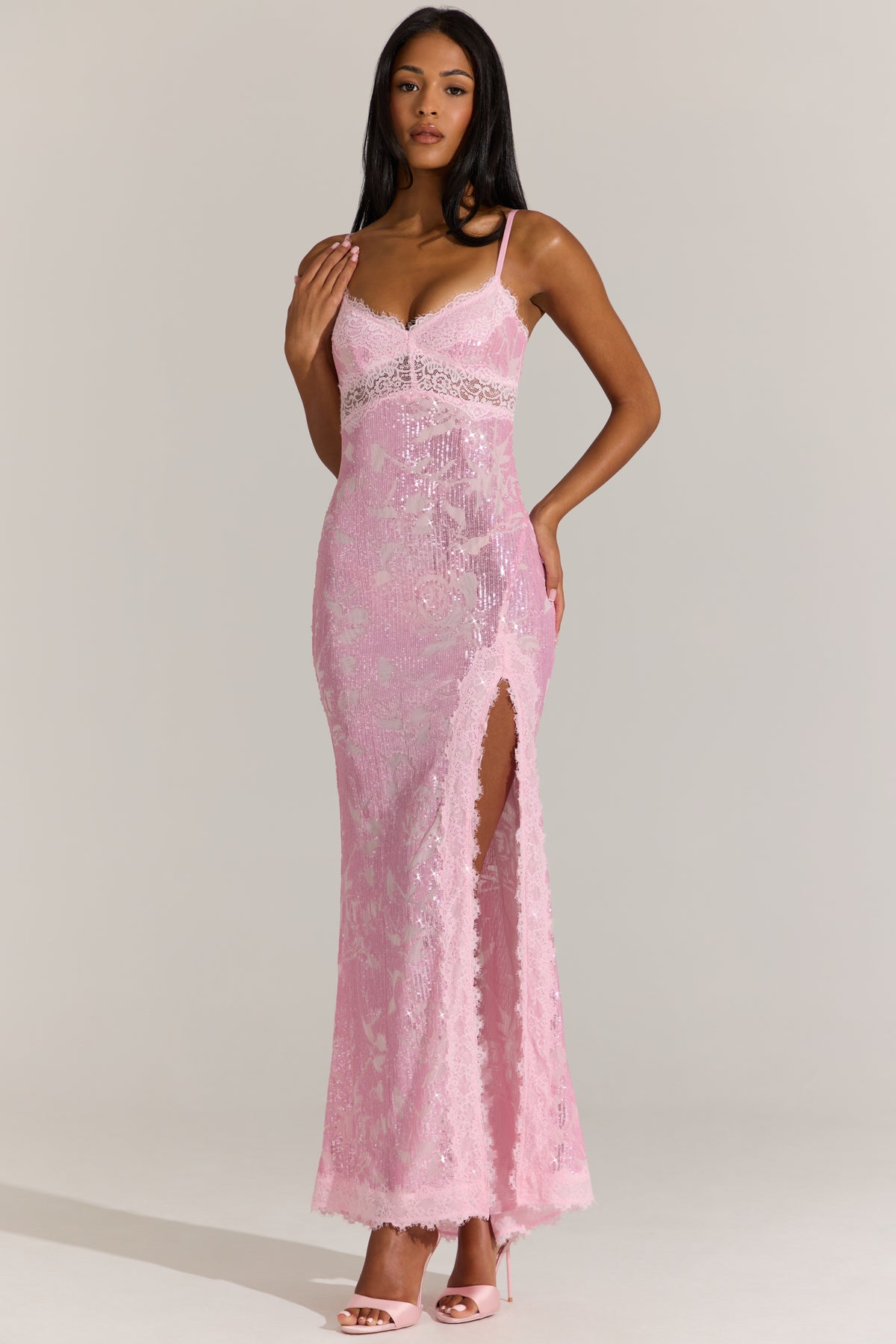 Embellished Lace-Trim Maxi Dress in Blossom Pink - 1