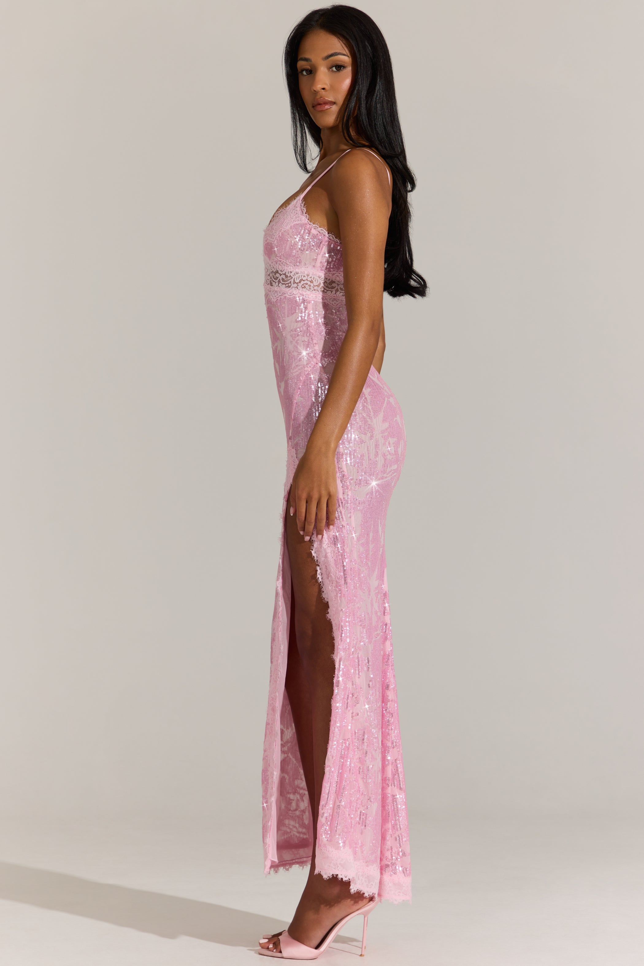 Embellished Lace-Trim Maxi Dress in Blossom Pink