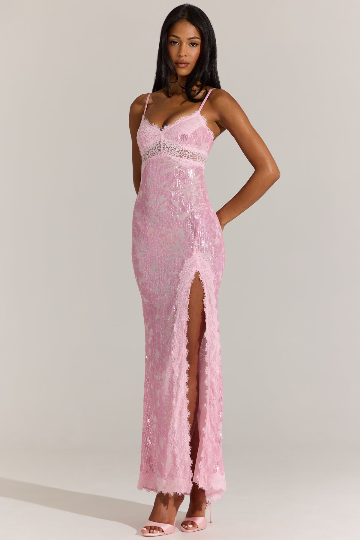 Embellished Lace-Trim Maxi Dress in Blossom Pink