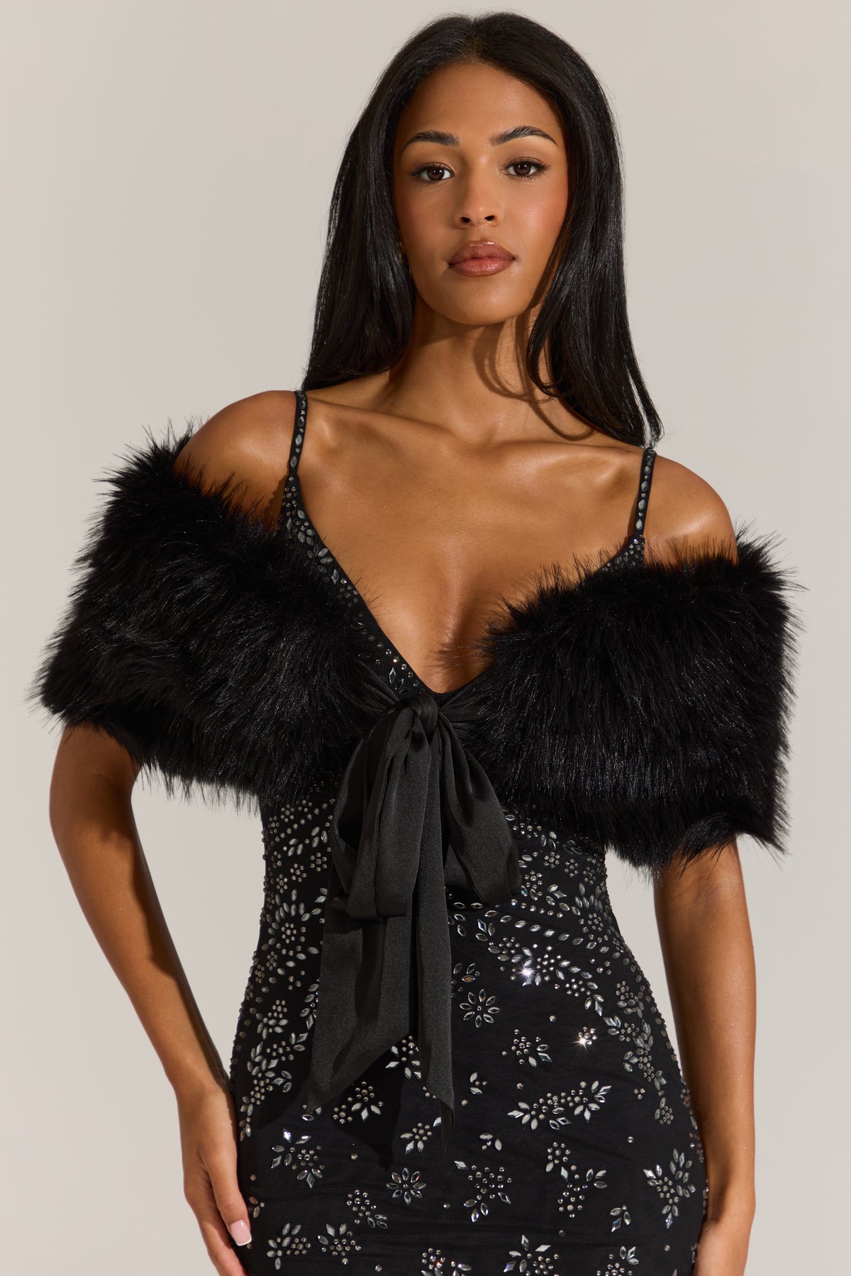 Fur Ribbon-Tie Stole in Black