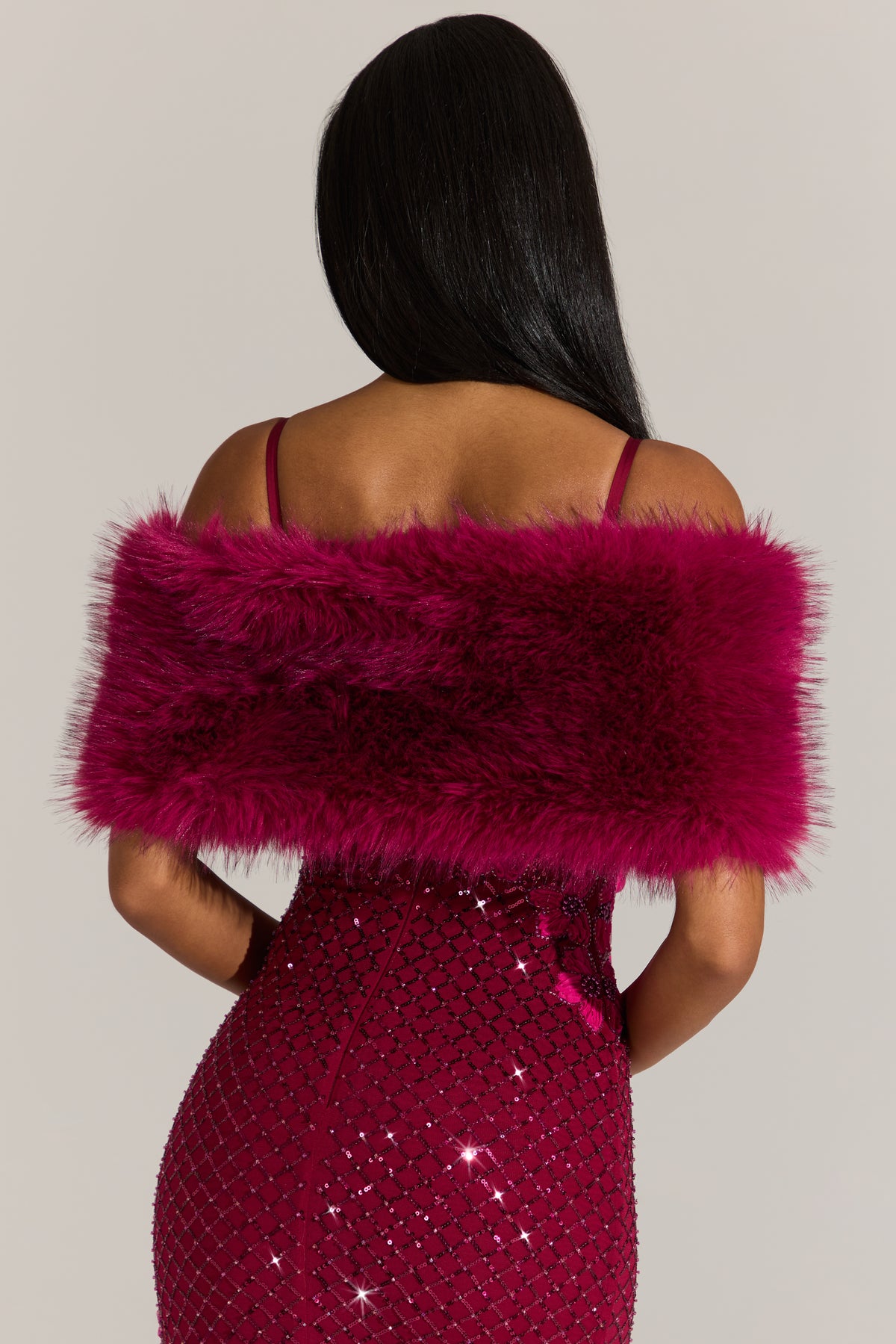 Fur Ribbon-Tie Stole in Fuchsia Pink