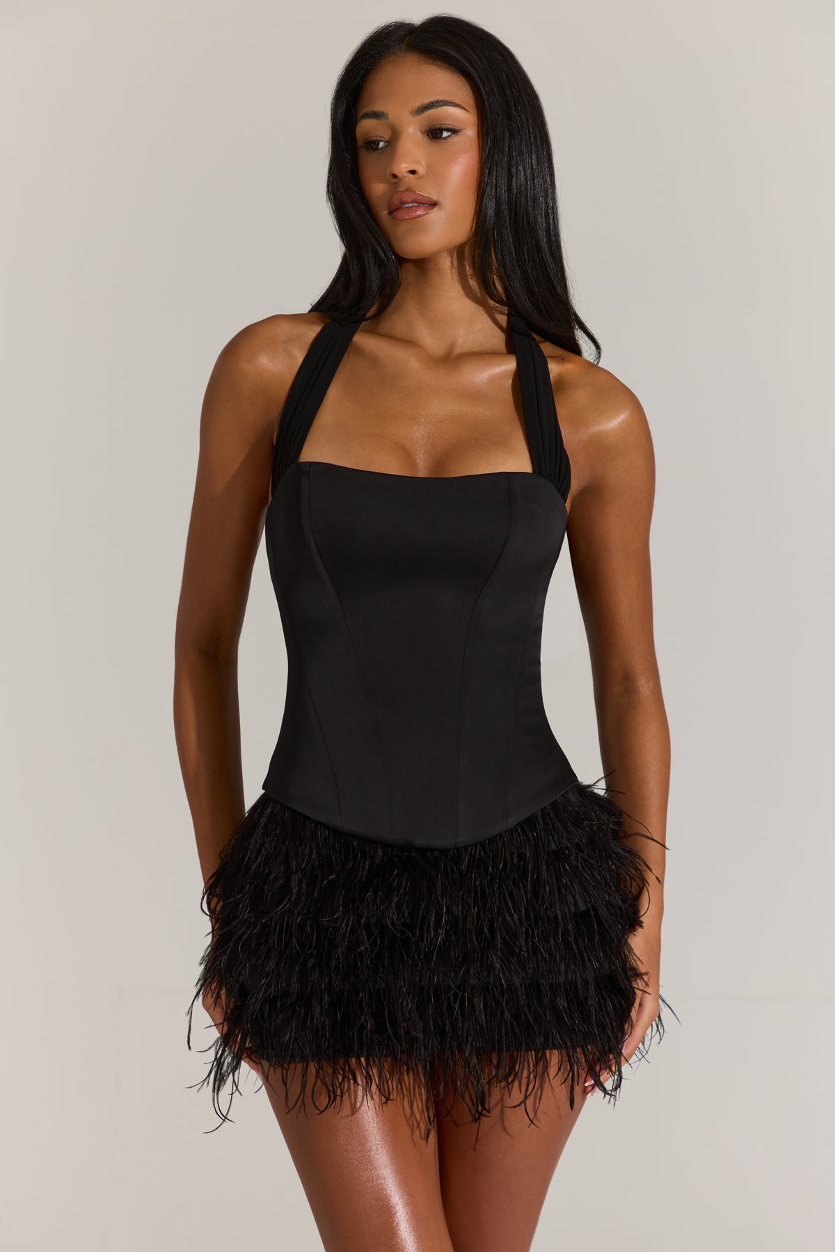 Satin Corset Feathered Mini Dress in Black