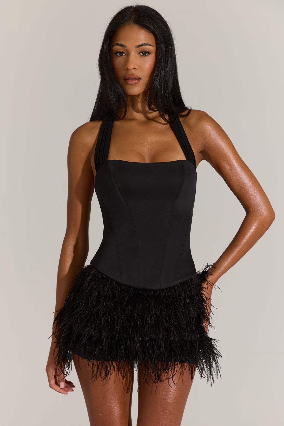 Satin Corset Feathered Mini Dress in Black