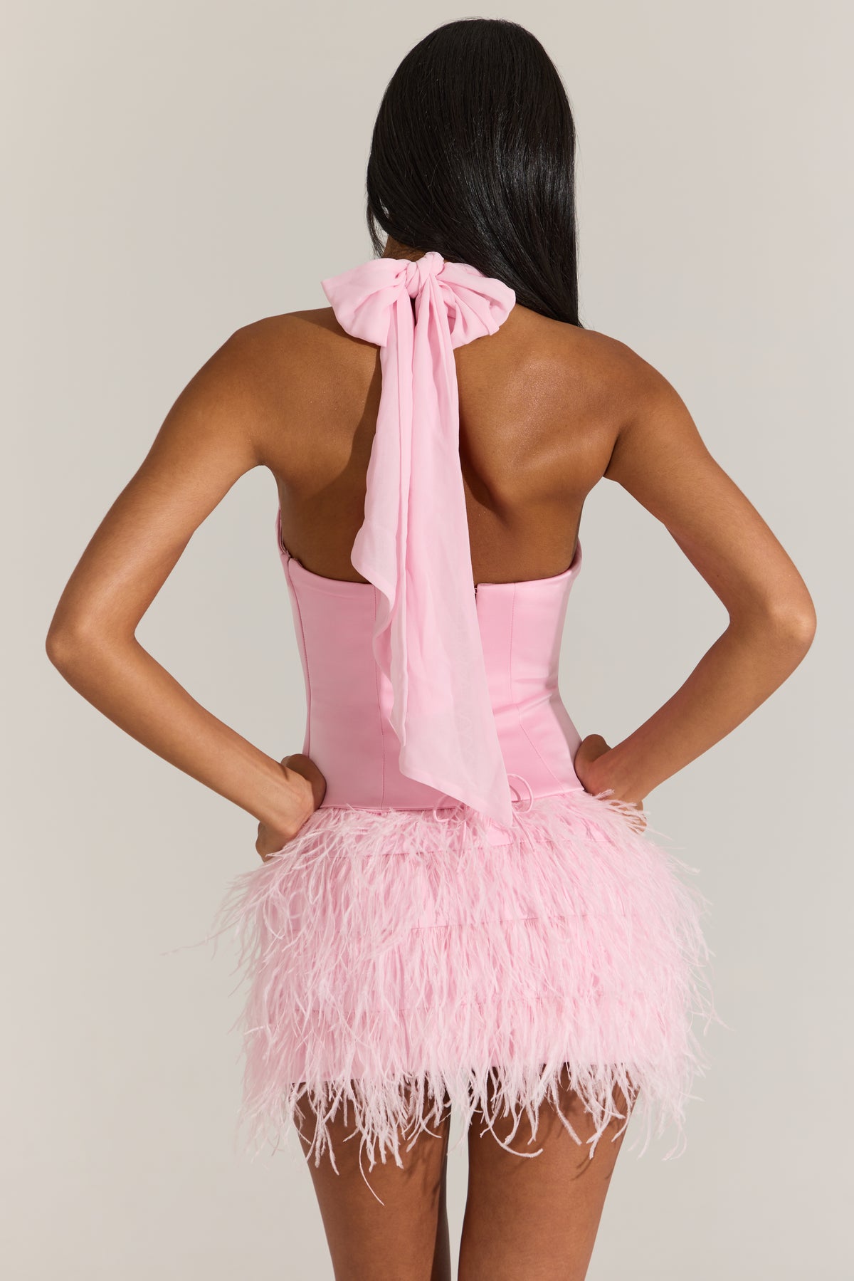 Satin Corset Feathered Mini Dress in Blossom Pink