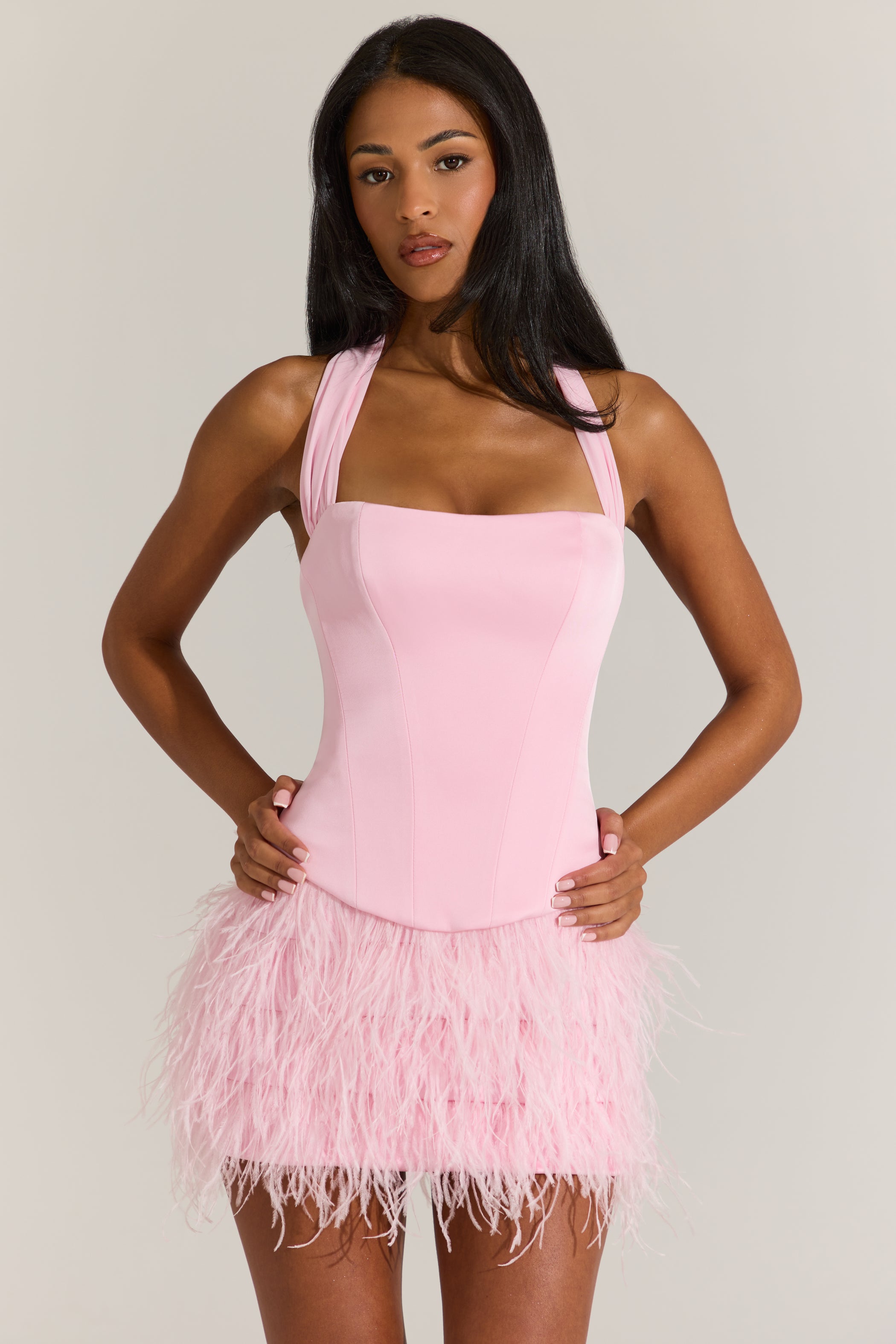 Satin Corset Feathered Mini Dress in Blossom Pink