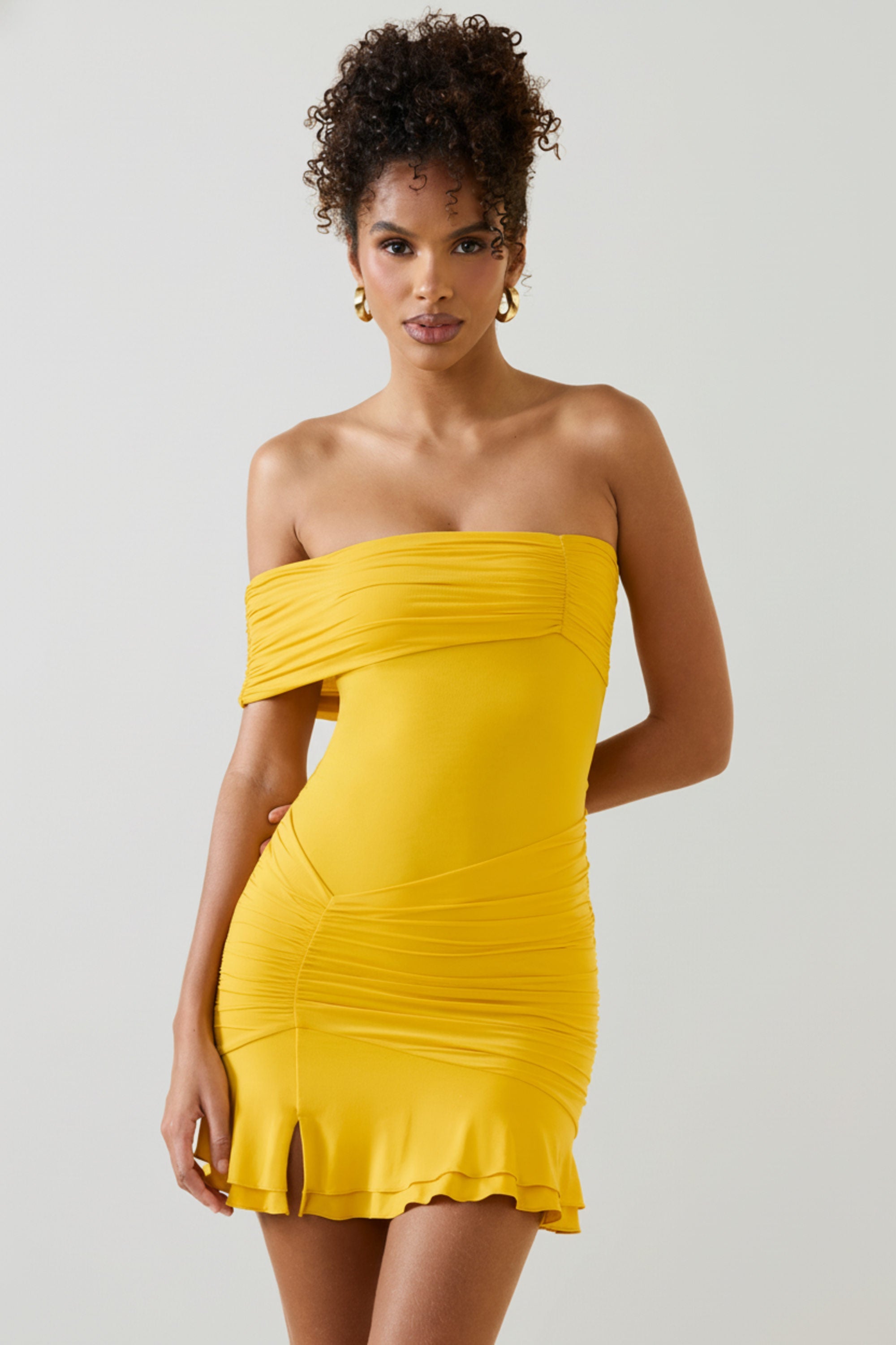 Asymmetric Ruched One-Shoulder Mini Dress in Golden Yellow - 1