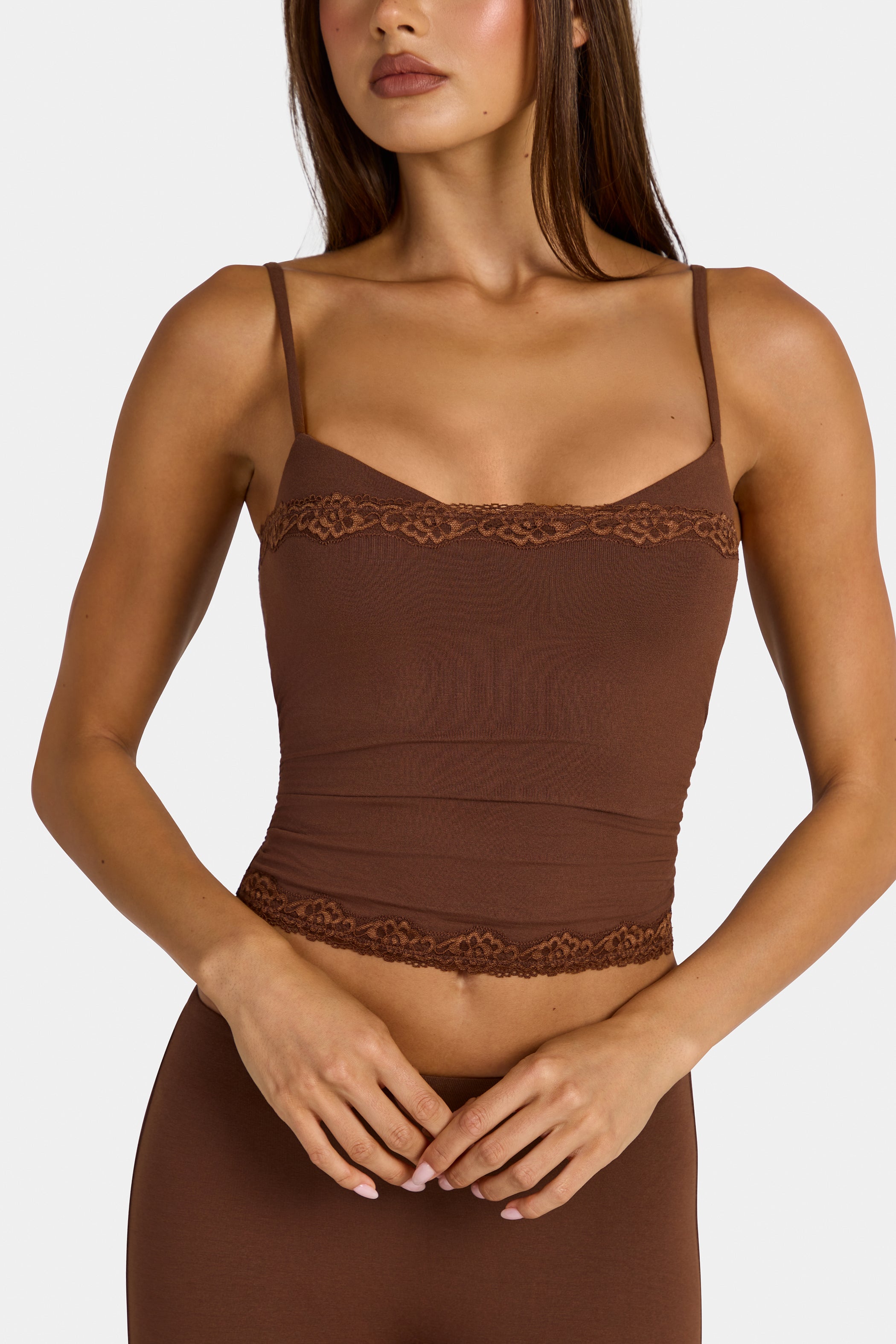 Modal Lace-Trim Peekaboo Tank Top in Cocoa Brown - 2