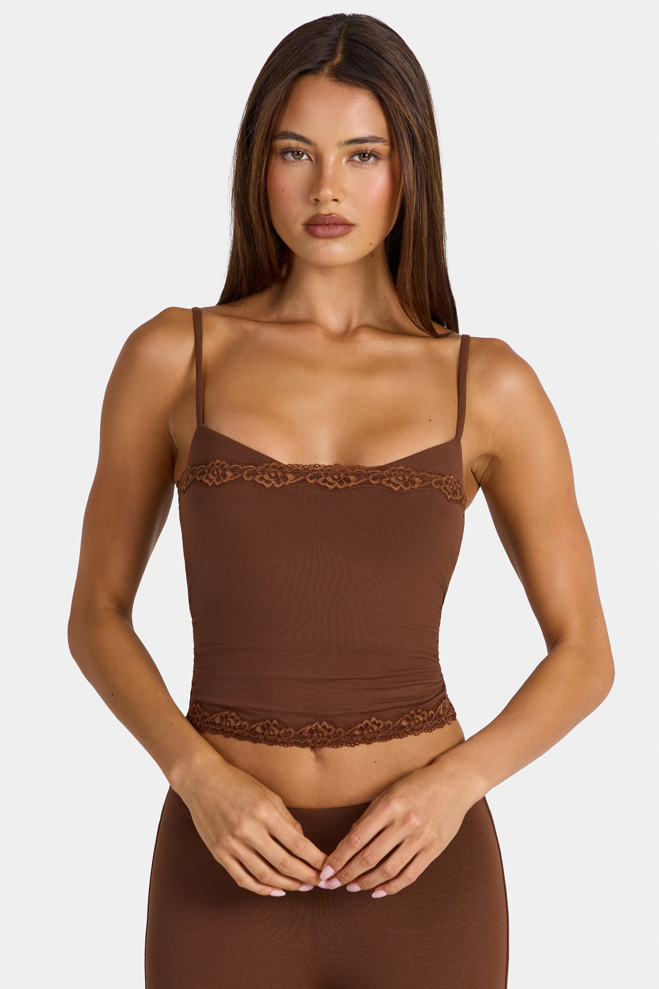 Modal Lace-Trim Peekaboo Tank Top in Cocoa Brown - 1