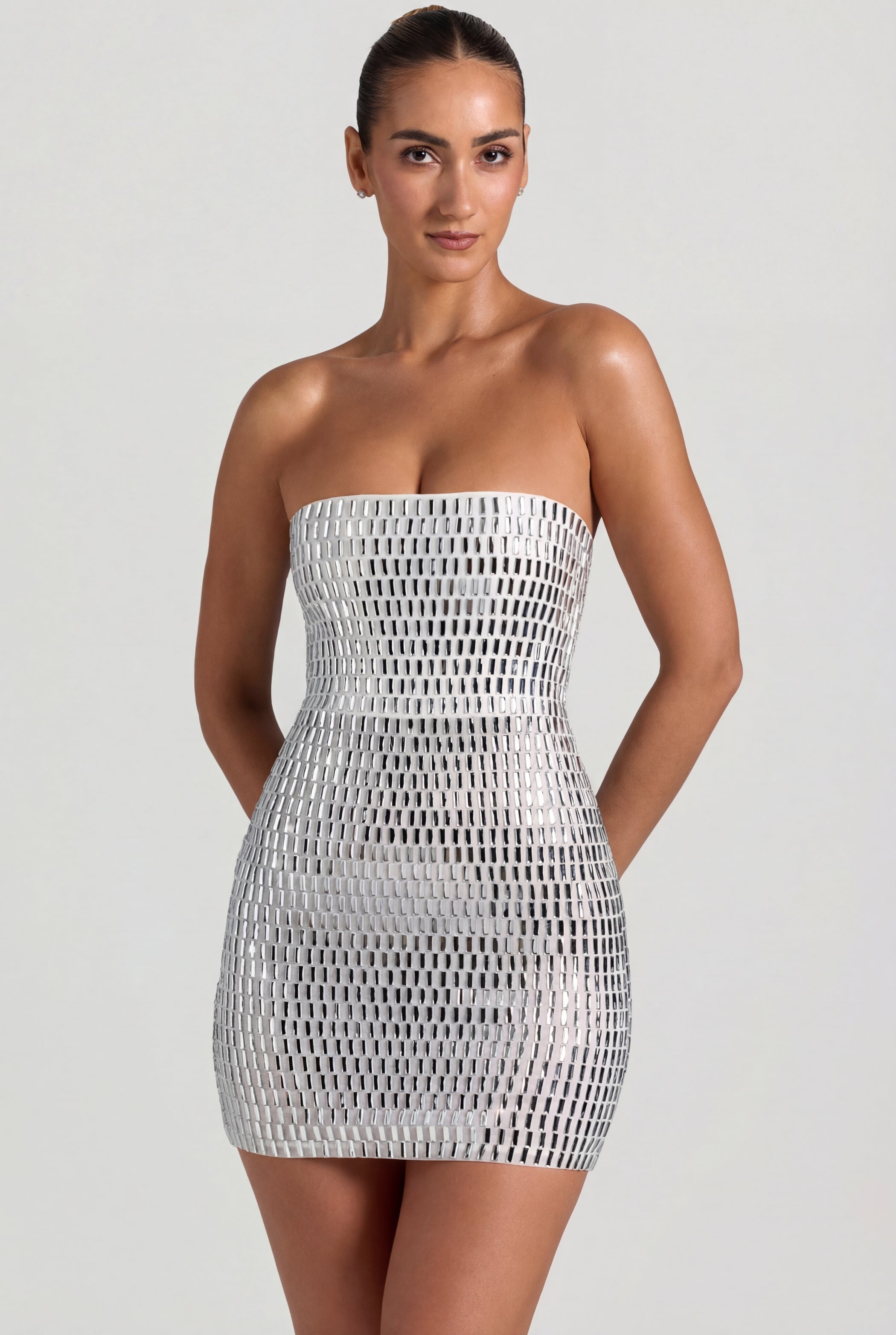 Embellished Bandeau Mini Dress in Diamond