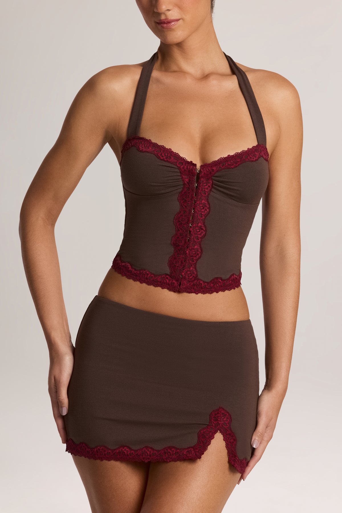 Modal Lace-Trim Halterneck Top in Chocolate Brown