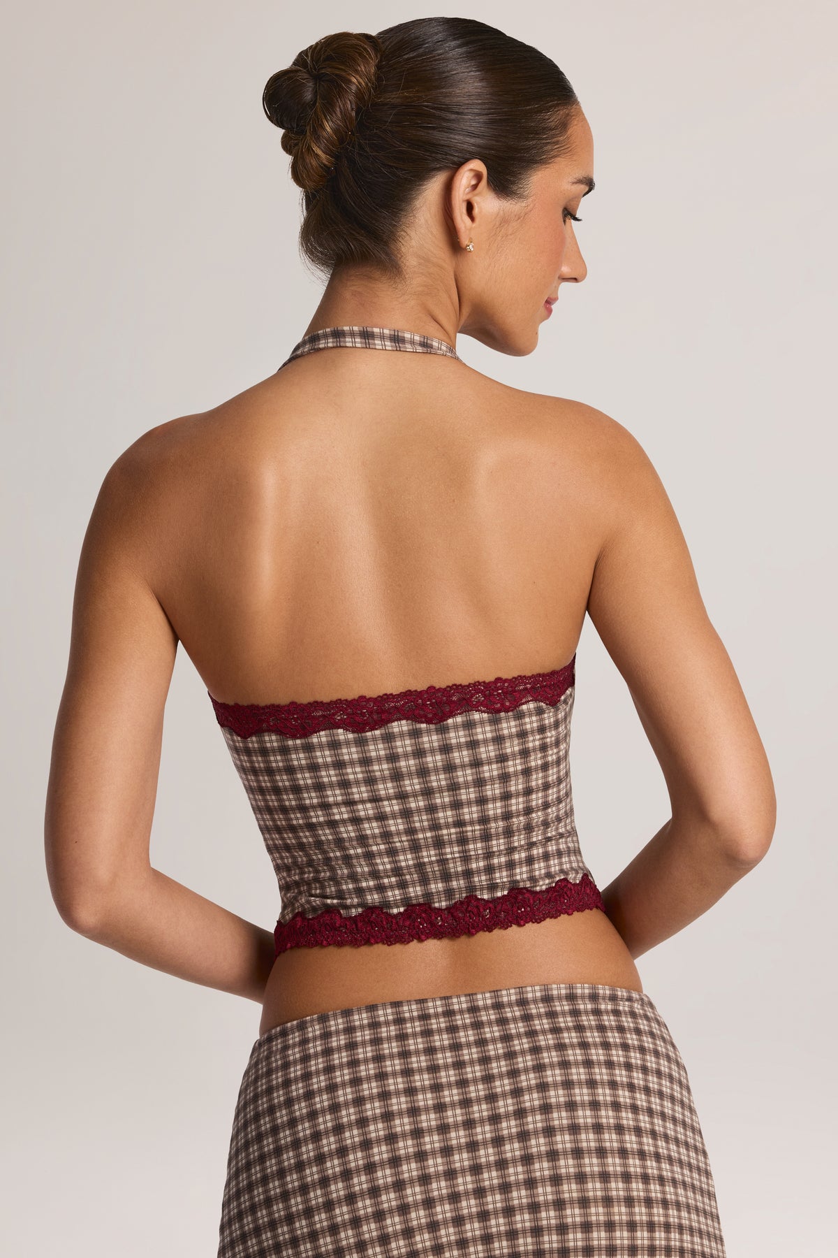 Modal Lace-Trim Halterneck Top in Square Check Print - 2