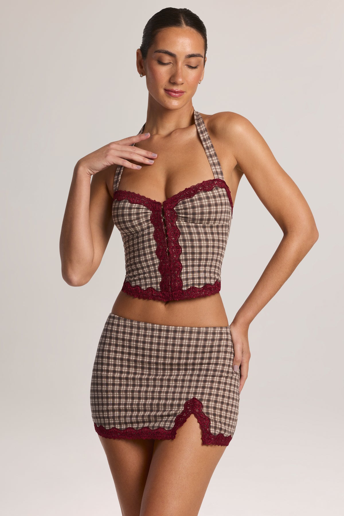 Modal Lace-Trim Halterneck Top in Square Check Print