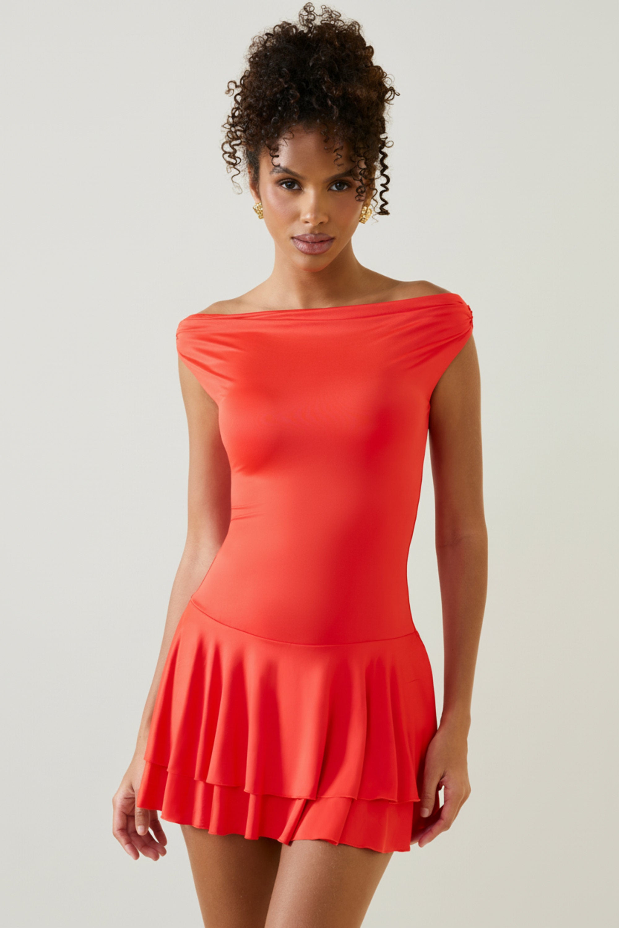 Off-Shoulder Ruffled Mini Dress in Scarlet - 1