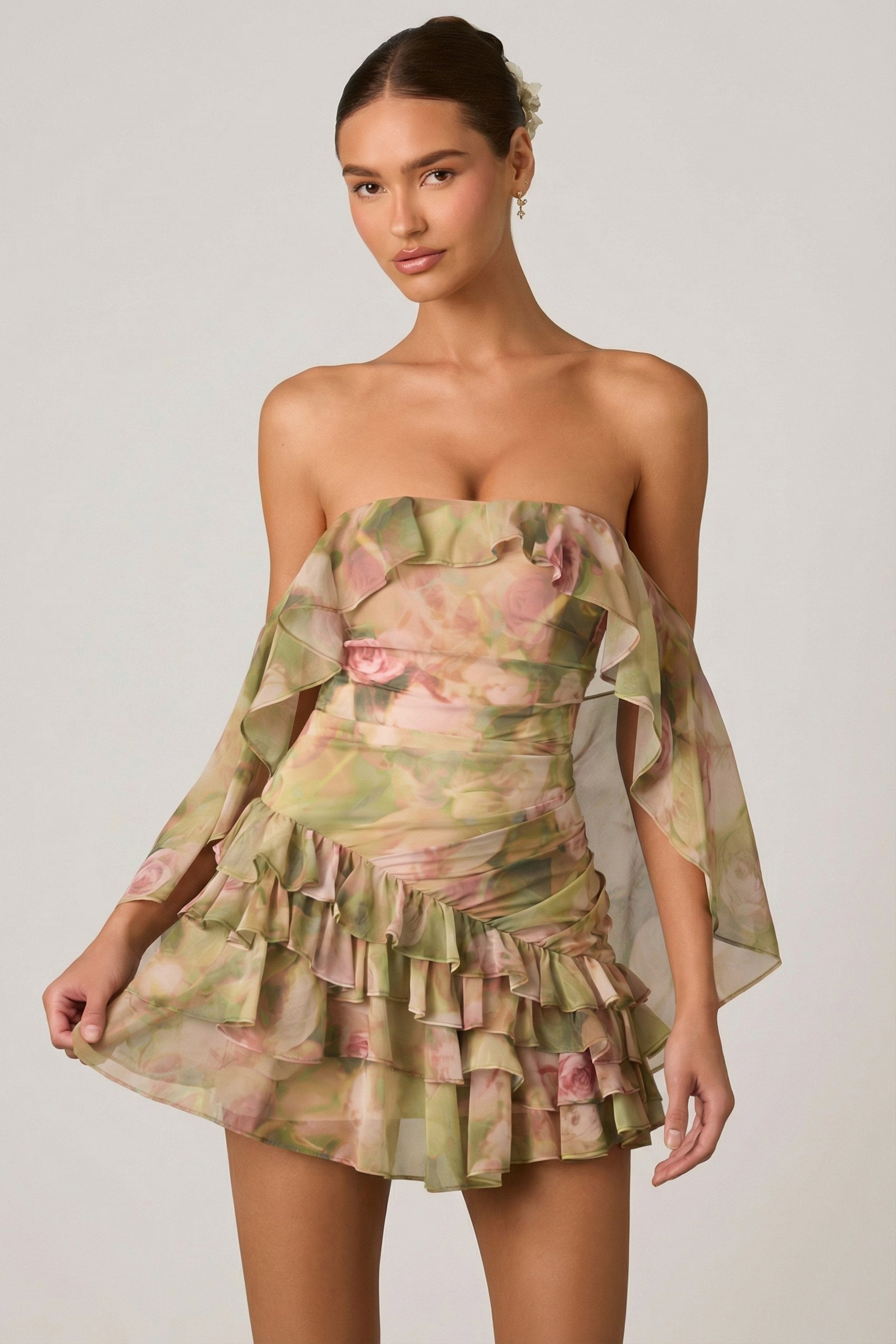 Off-Shoulder Ruffled Mini Dress in Floral Multi Print - 1