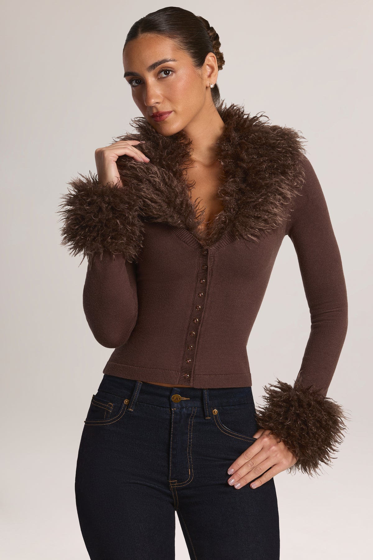 Mongolian Fur-Trim Cardigan in Chocolate Brown - 1