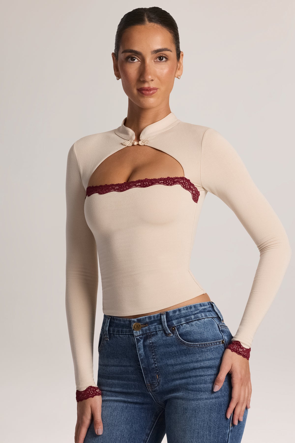 Modal Lace-Trim Long-Sleeve Top in Oat