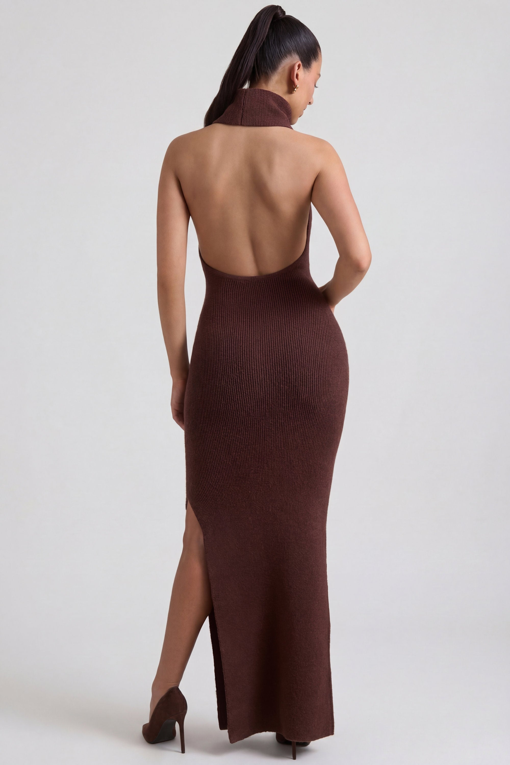 Ribbed-Knit Turtleneck Backless Maxi Dress in Espresso - 2
