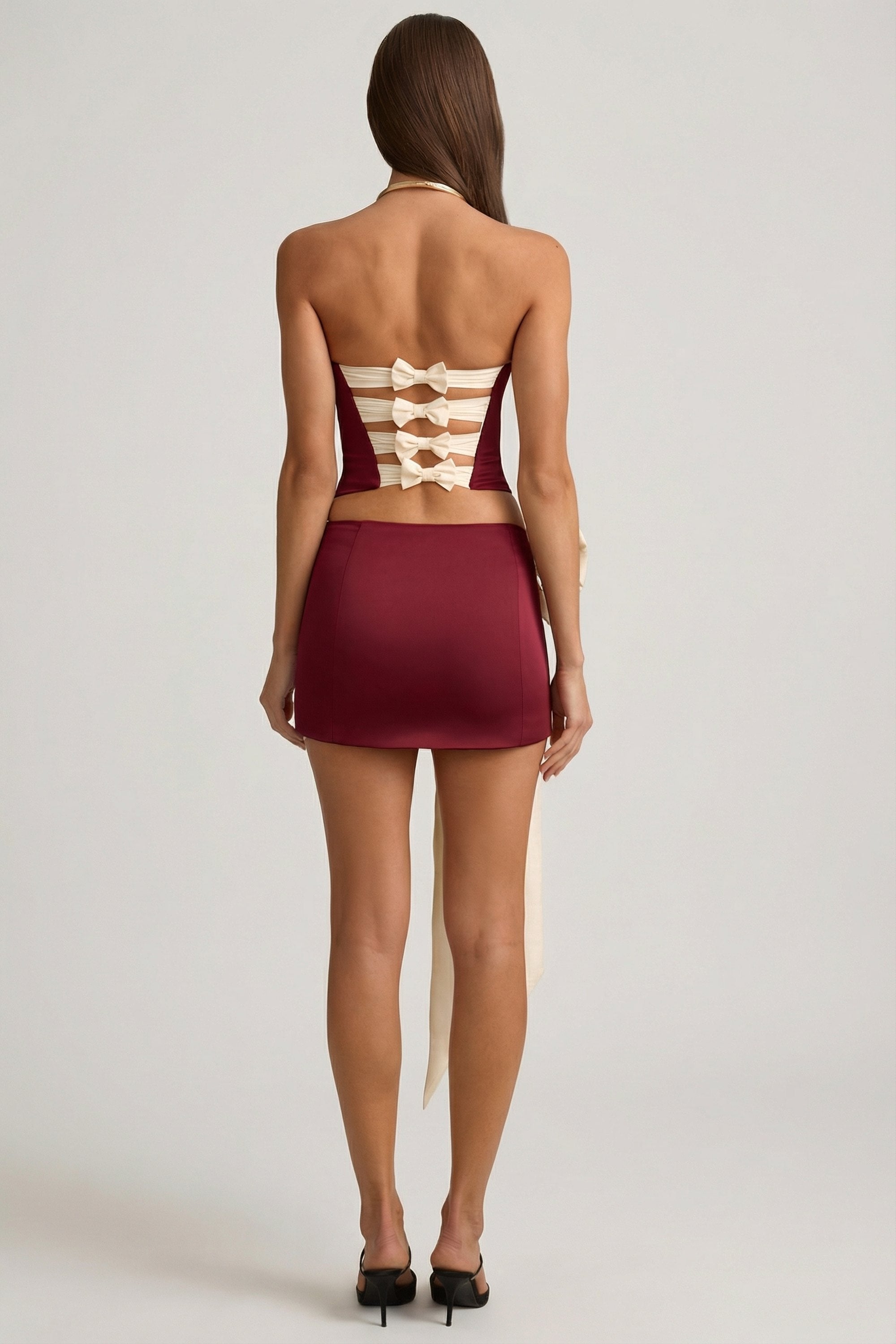 Satin Bow-Detail Low-Rise Mini Skirt in Wine Red - 2