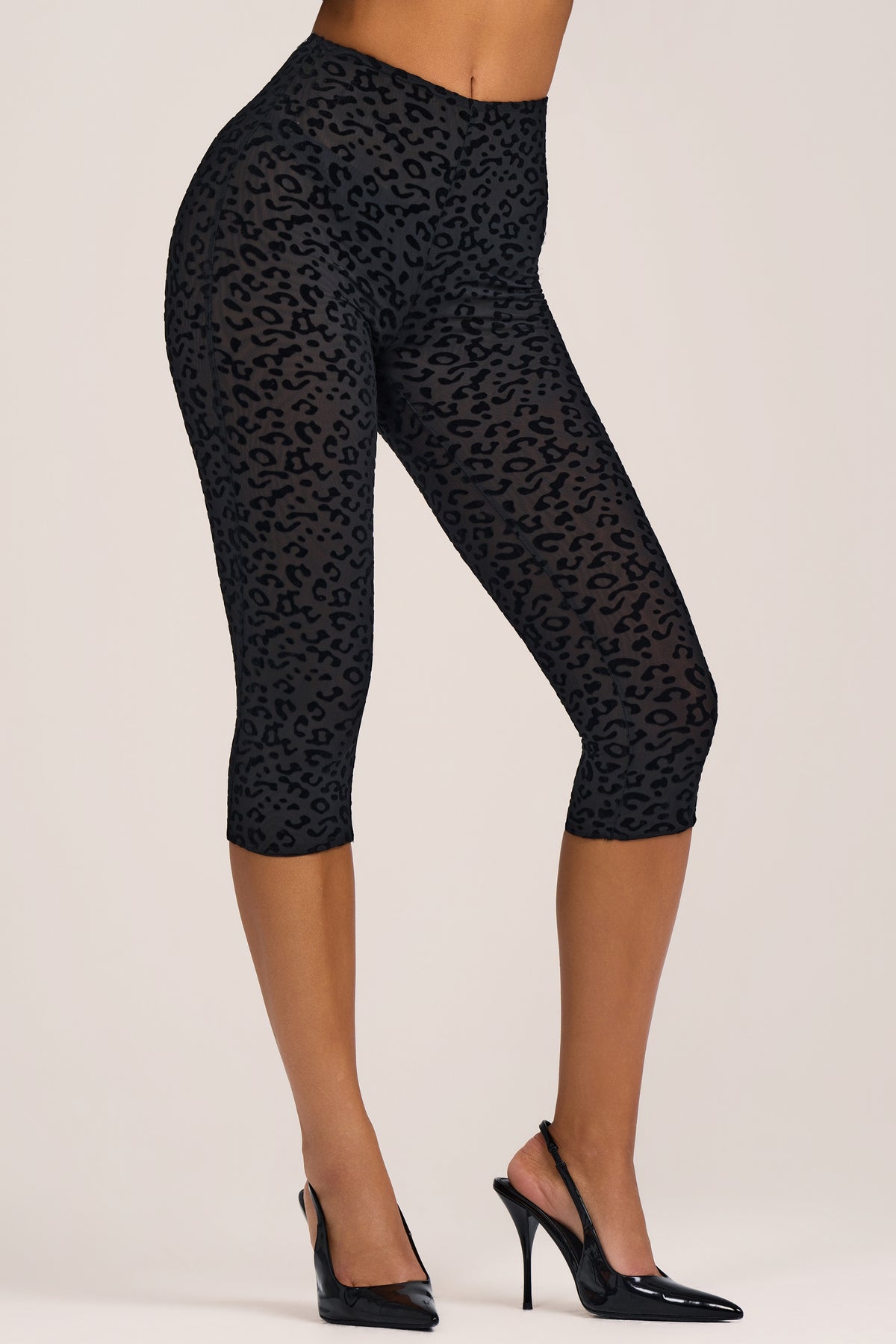 Flocked Leopard Mesh Capri Trousers in Black