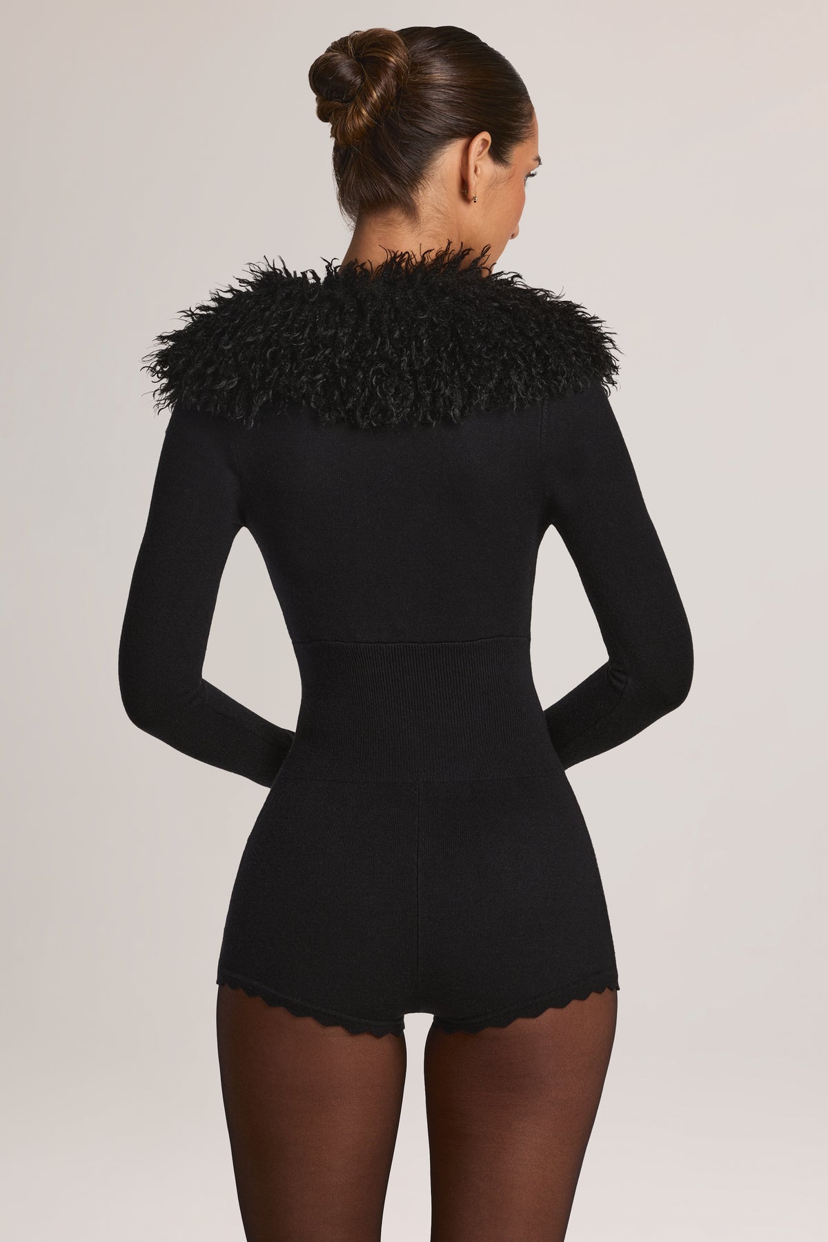 Mongolian Fur-Trim Romper in Black - 2