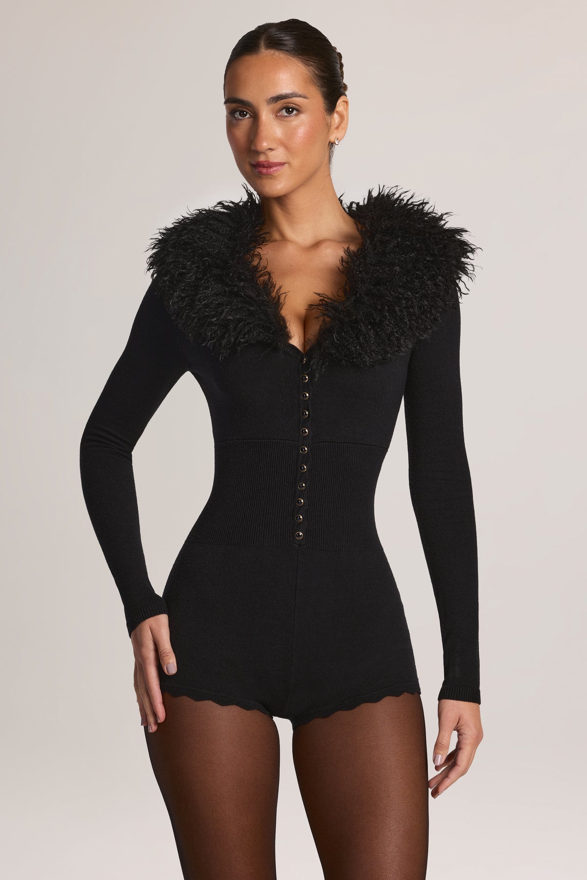 Mongolian Fur-Trim Romper in Black - 1