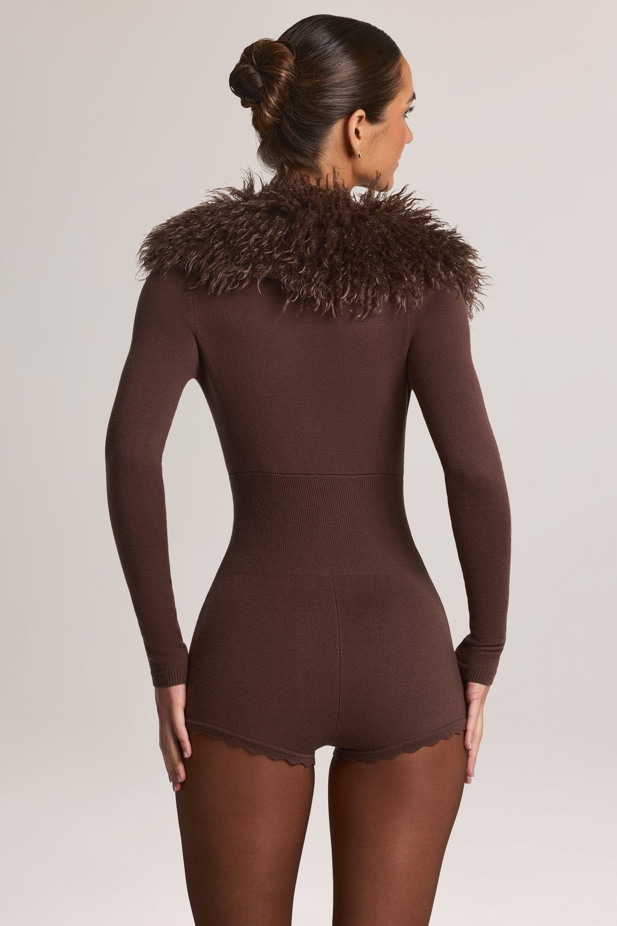 Mongolian Fur-Trim Romper in Chocolate Brown