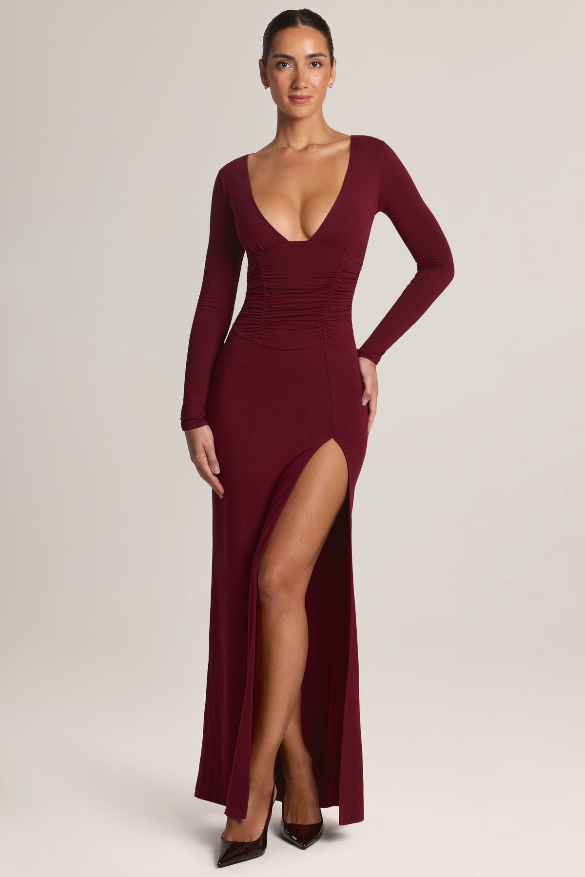 Modal Long-Sleeve MaxI Dress in Wine - 1