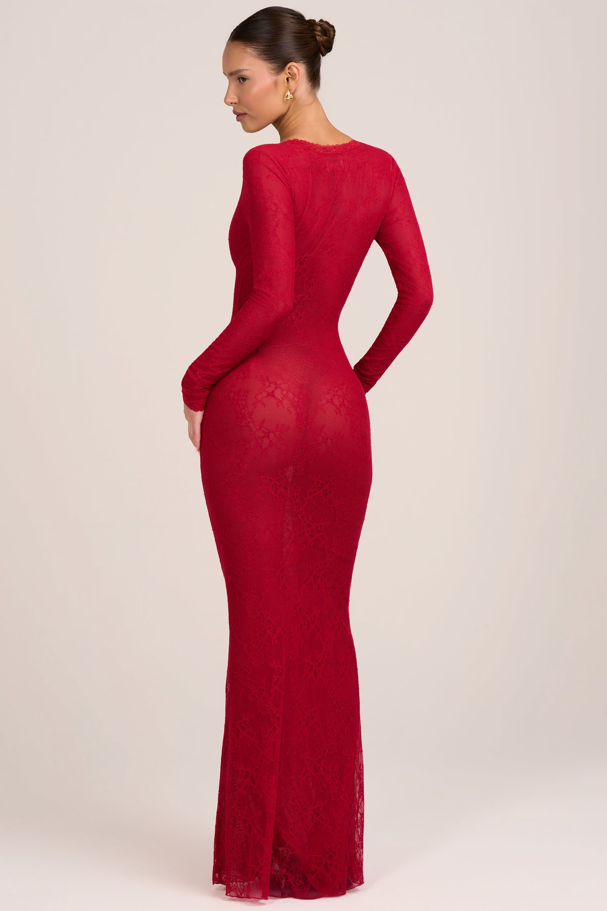 Lace Long-Sleeve Maxi Dress in Fire Red