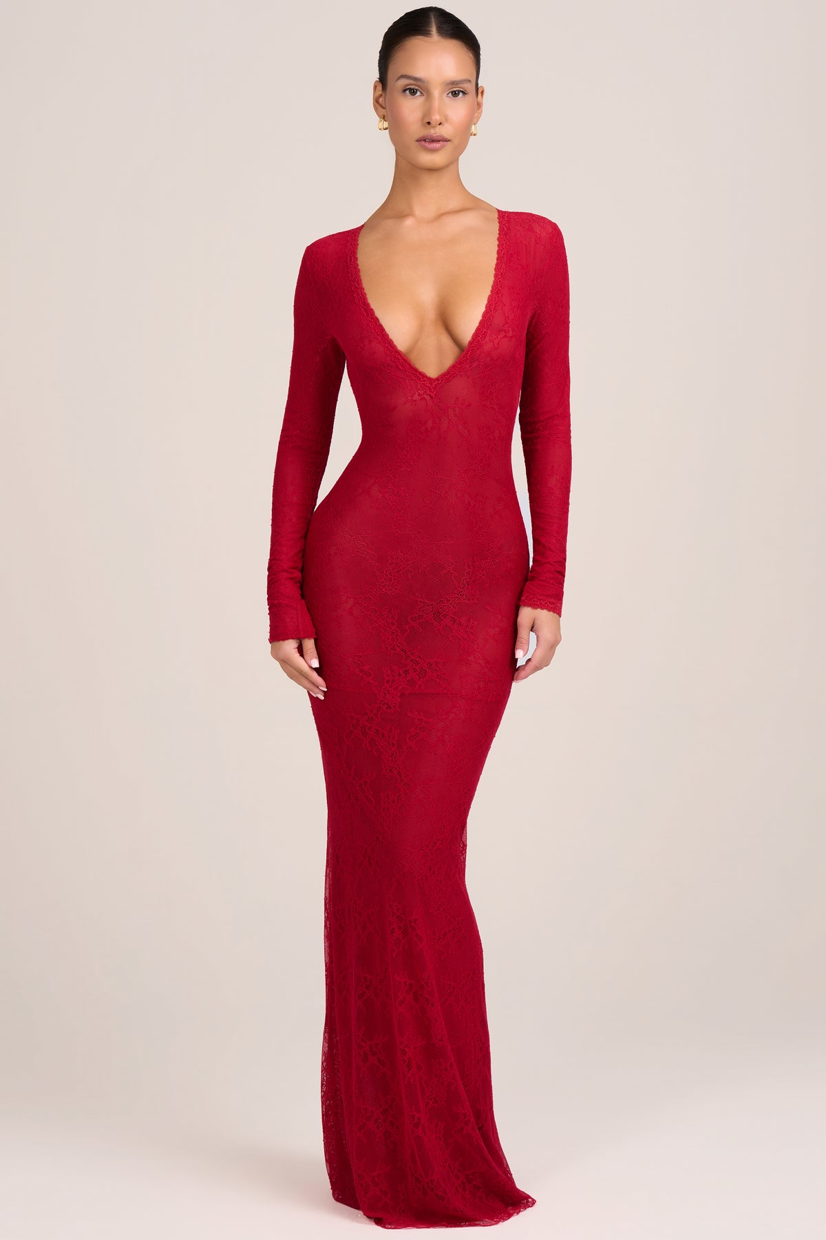 Lace Long-Sleeve Maxi Dress in Fire Red