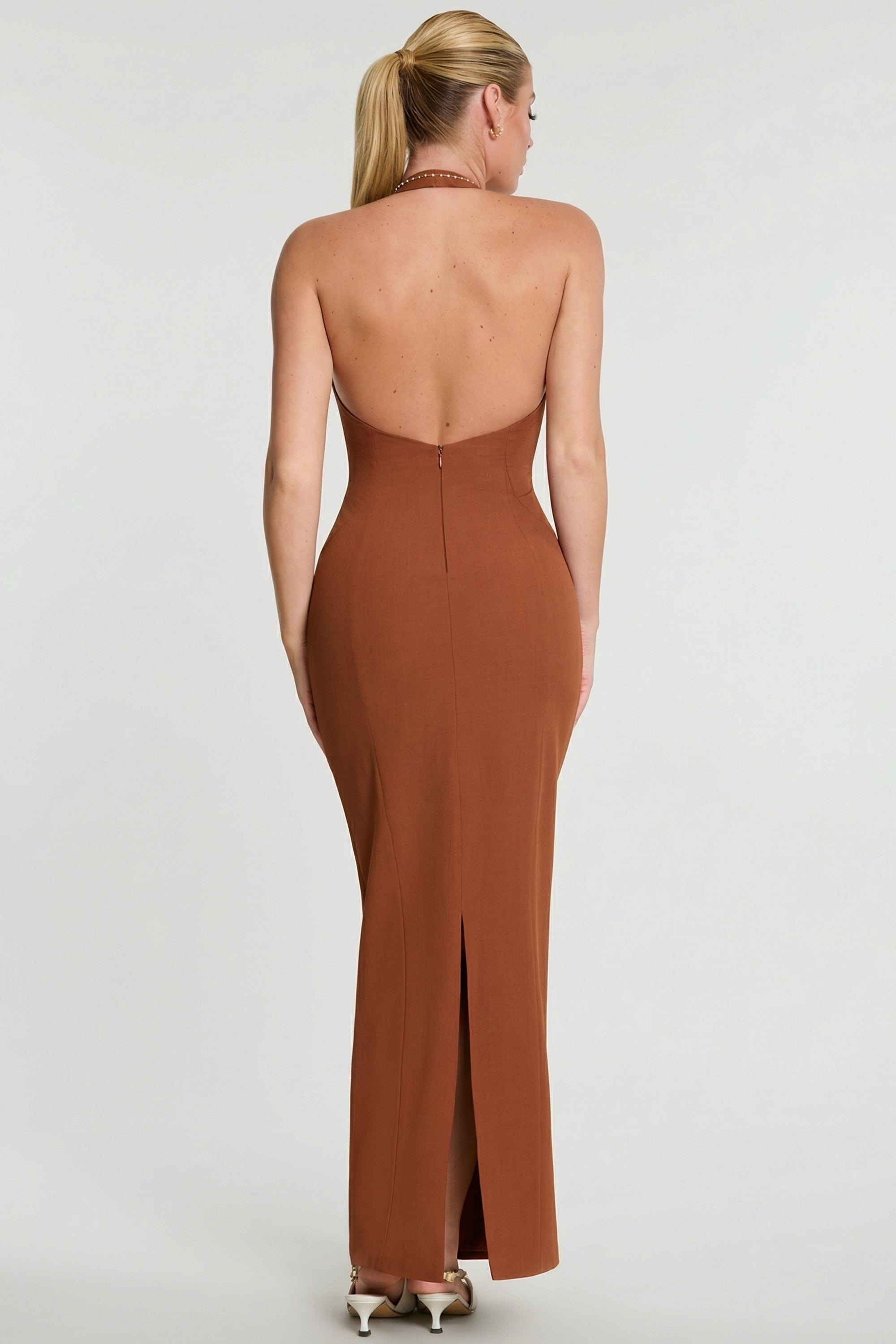 Woven Twill Halter Neck Plunge Maxi Dress in Chestnut Brown - 2