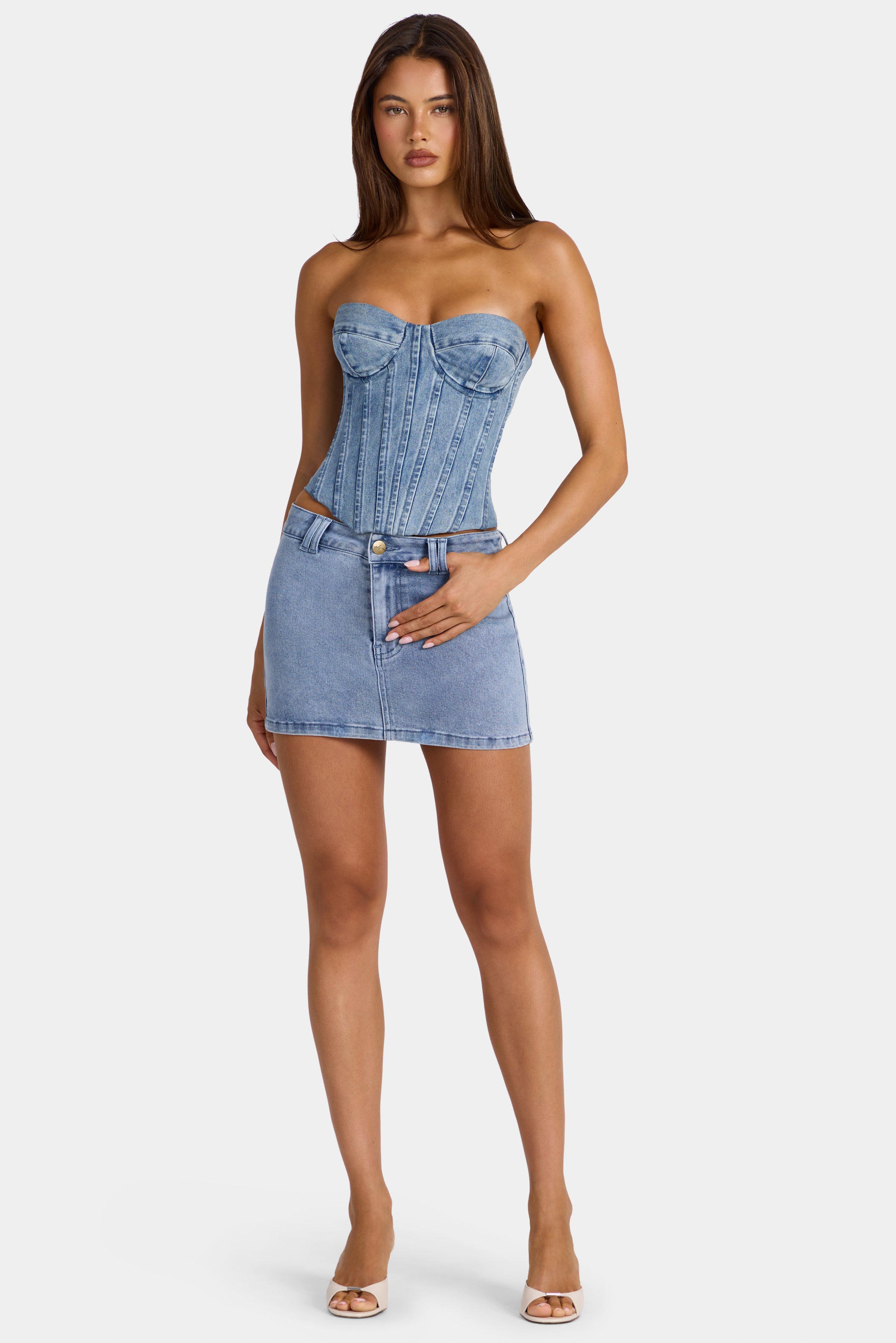 Low-Rise Denim Mini Skirt in Mid-Blue
