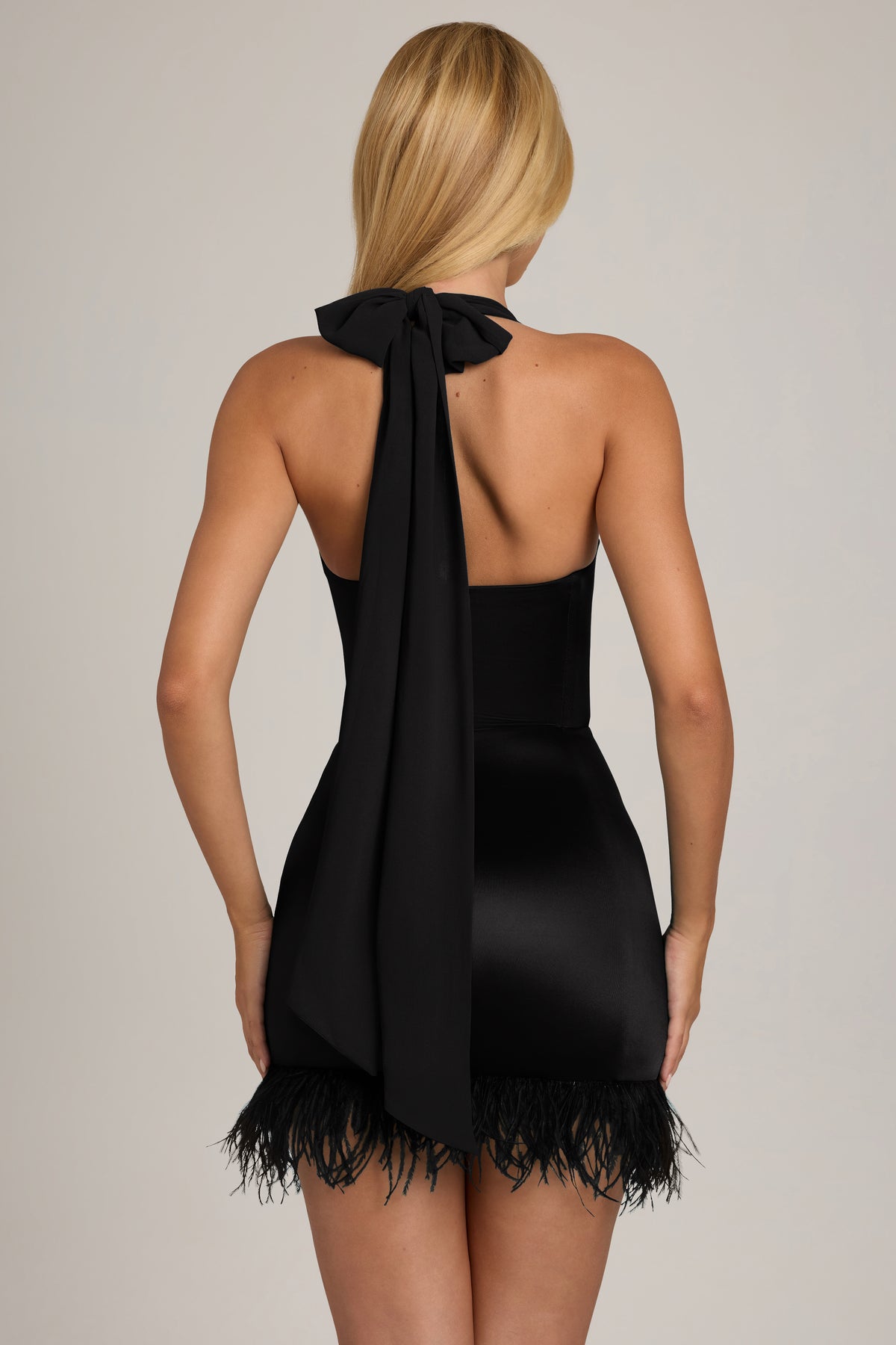 Satin Jersey Feather-Trim Mini Dress in Black