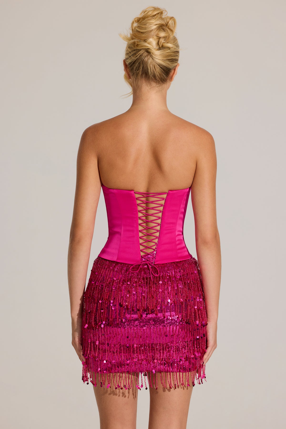 Satin Corset Fringed Mini Dress in Fuchsia Pink