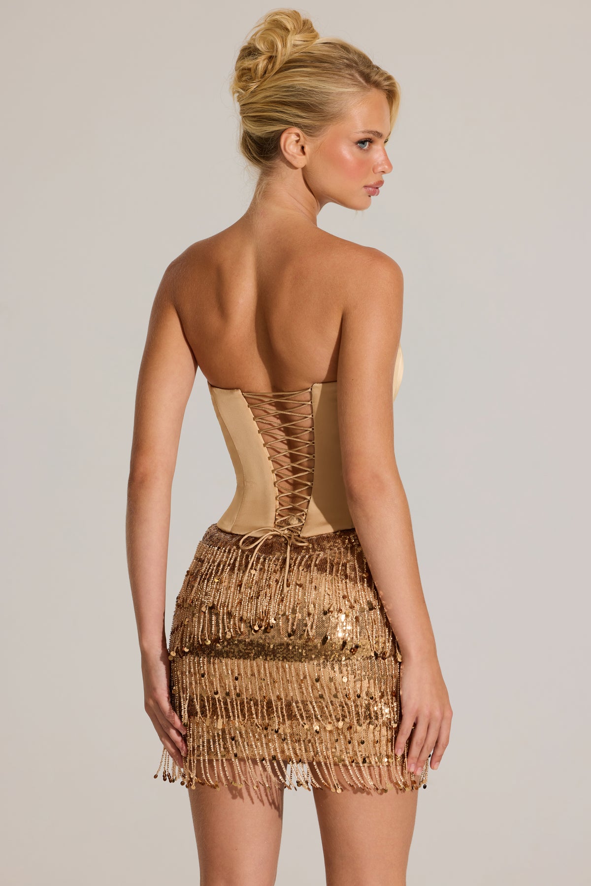 Satin Corset Fringed Mini Dress in Gold