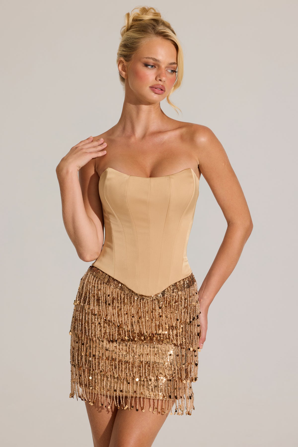 Satin Corset Fringed Mini Dress in Gold