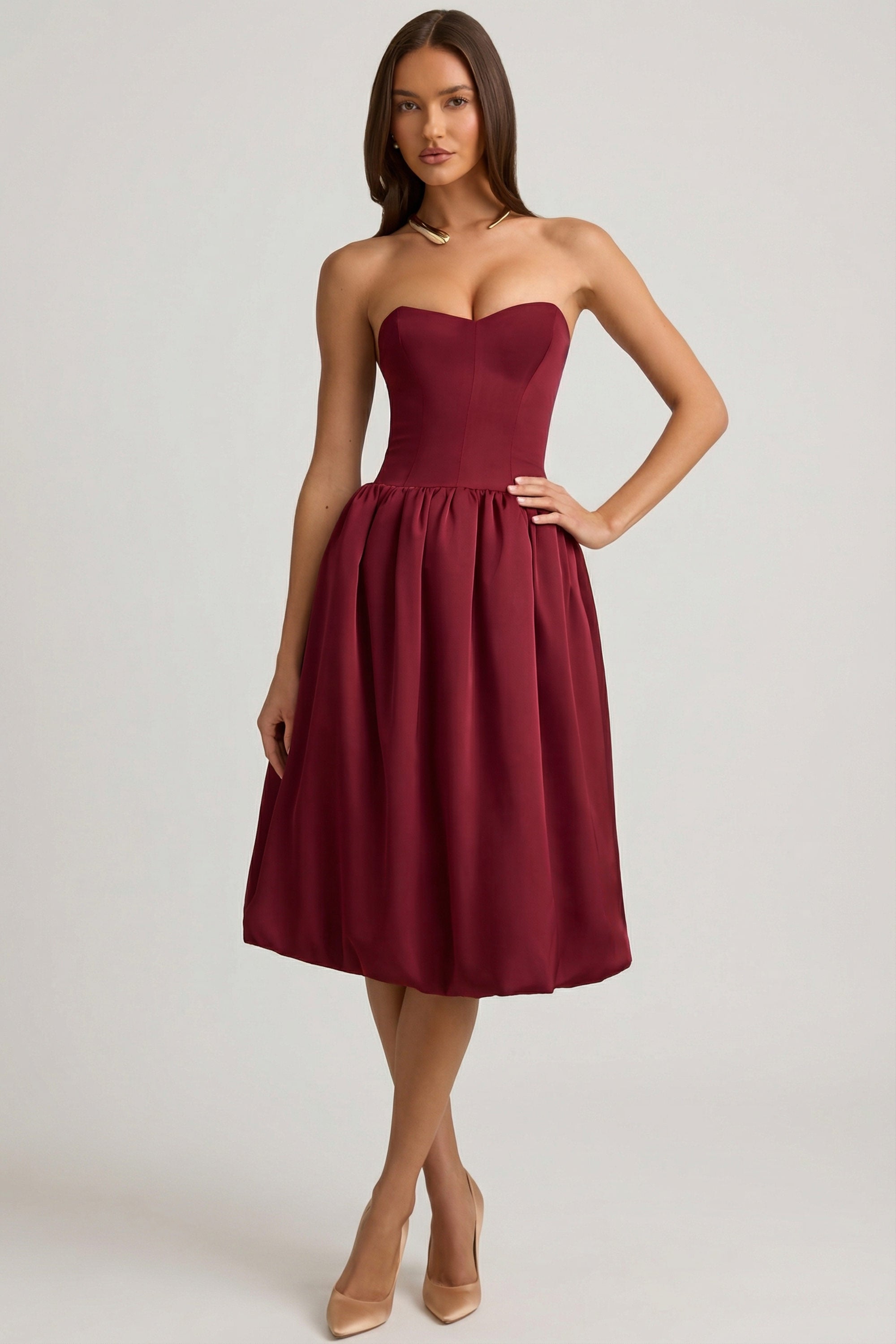 Convertible Bow-Detail Bubble Hem Midaxi Dress in Wine Red - 2
