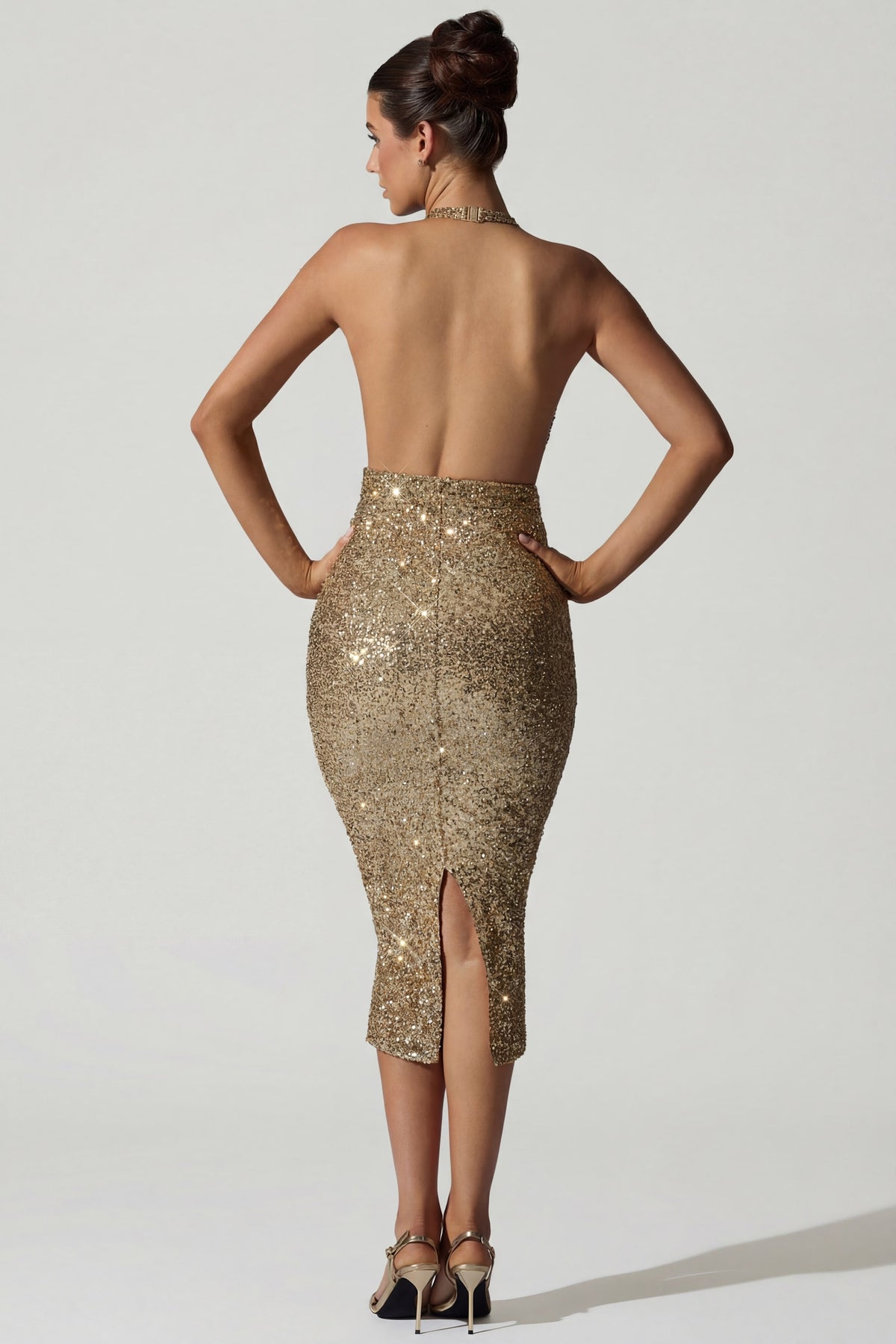 Embellished Cut-Out Open-Back Midaxi Dress in Gold