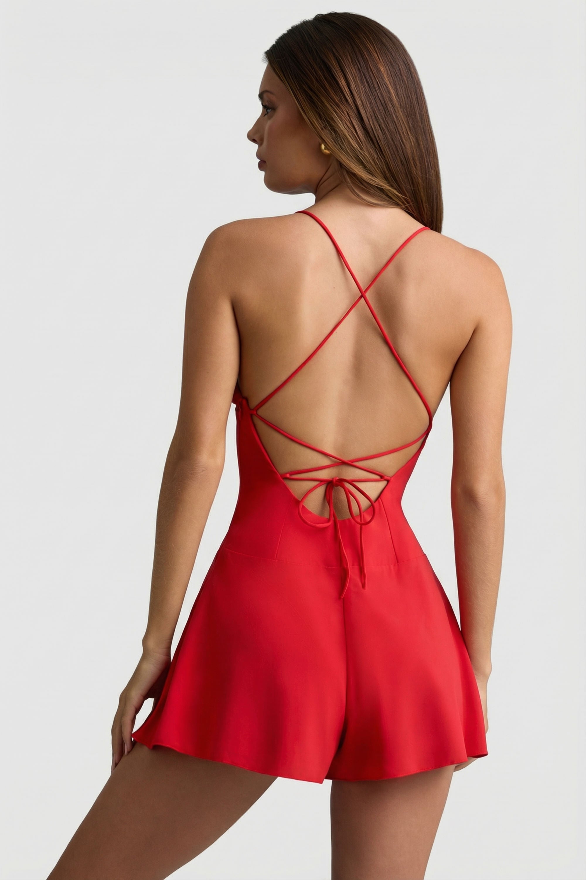 Ruched Backless Playsuit in Scarlet Red - 2