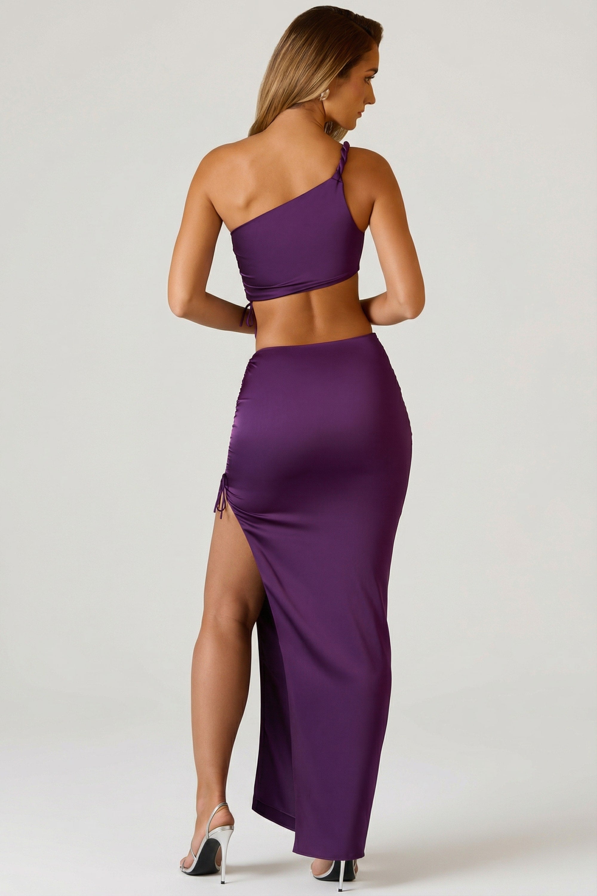Ruched Asymmetric-Waist Maxi Skirt in Plum - 2