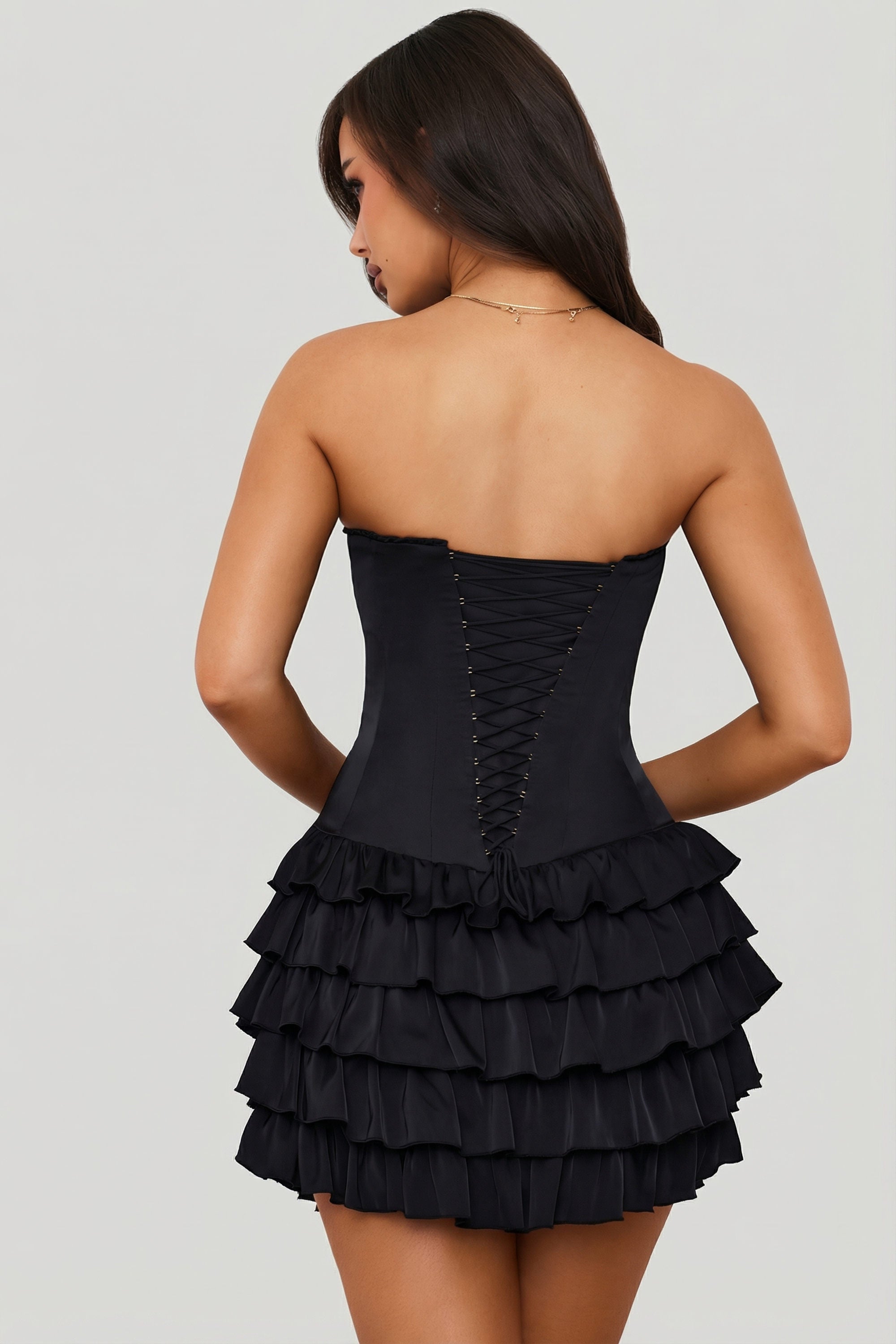 Bandeau Ruffled Tiered Corset Mini Dress in Black - 2