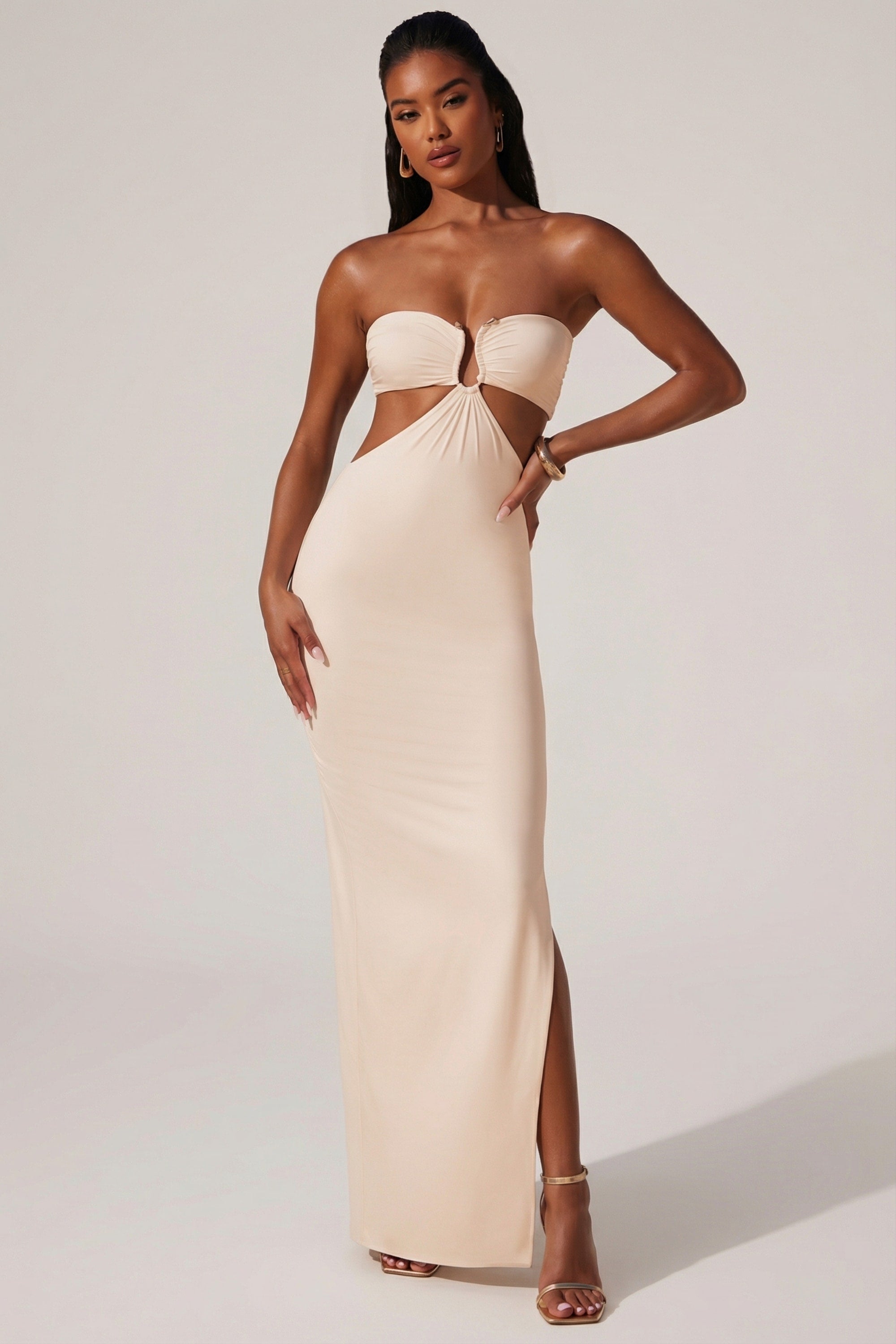 Ruched Hardware Detail Bandeau Floor Length Dress in Ivory - 1
