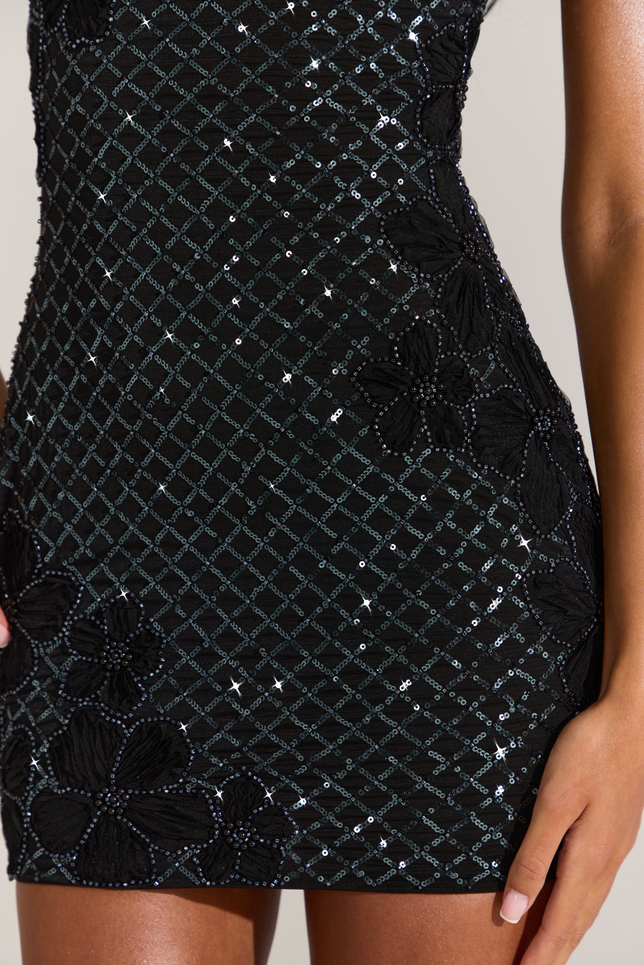 Embellished Square-Neck Mini Dress in Black