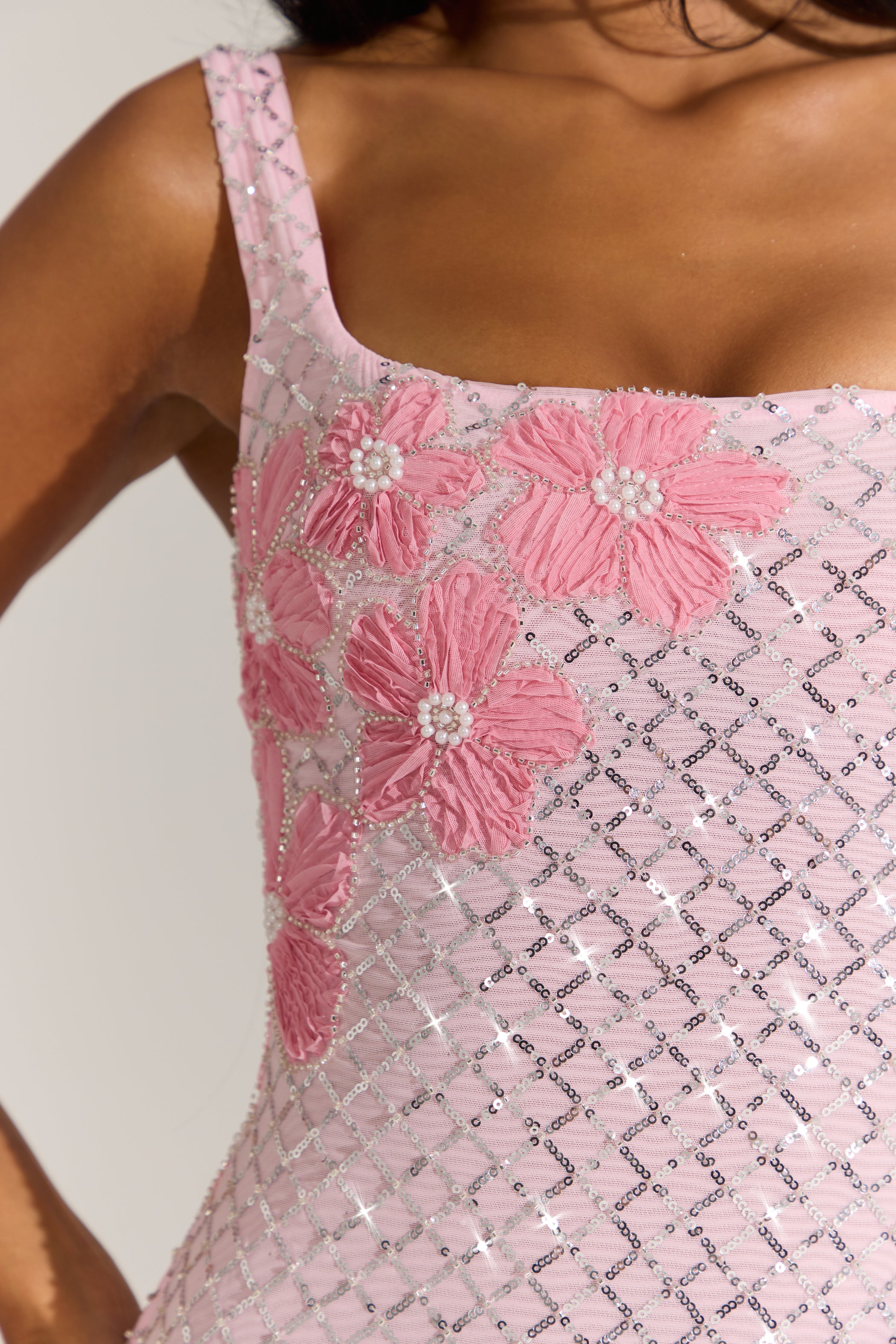 Embellished Square-Neck Mini Dress in Blossom Pink
