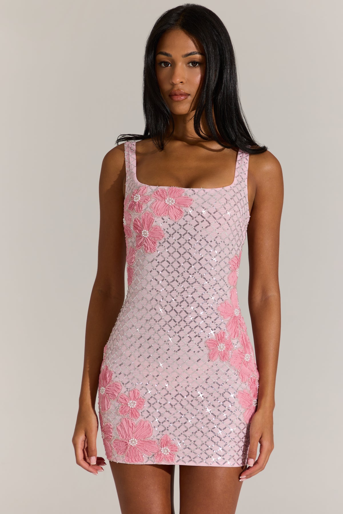 Embellished Square-Neck Mini Dress in Blossom Pink