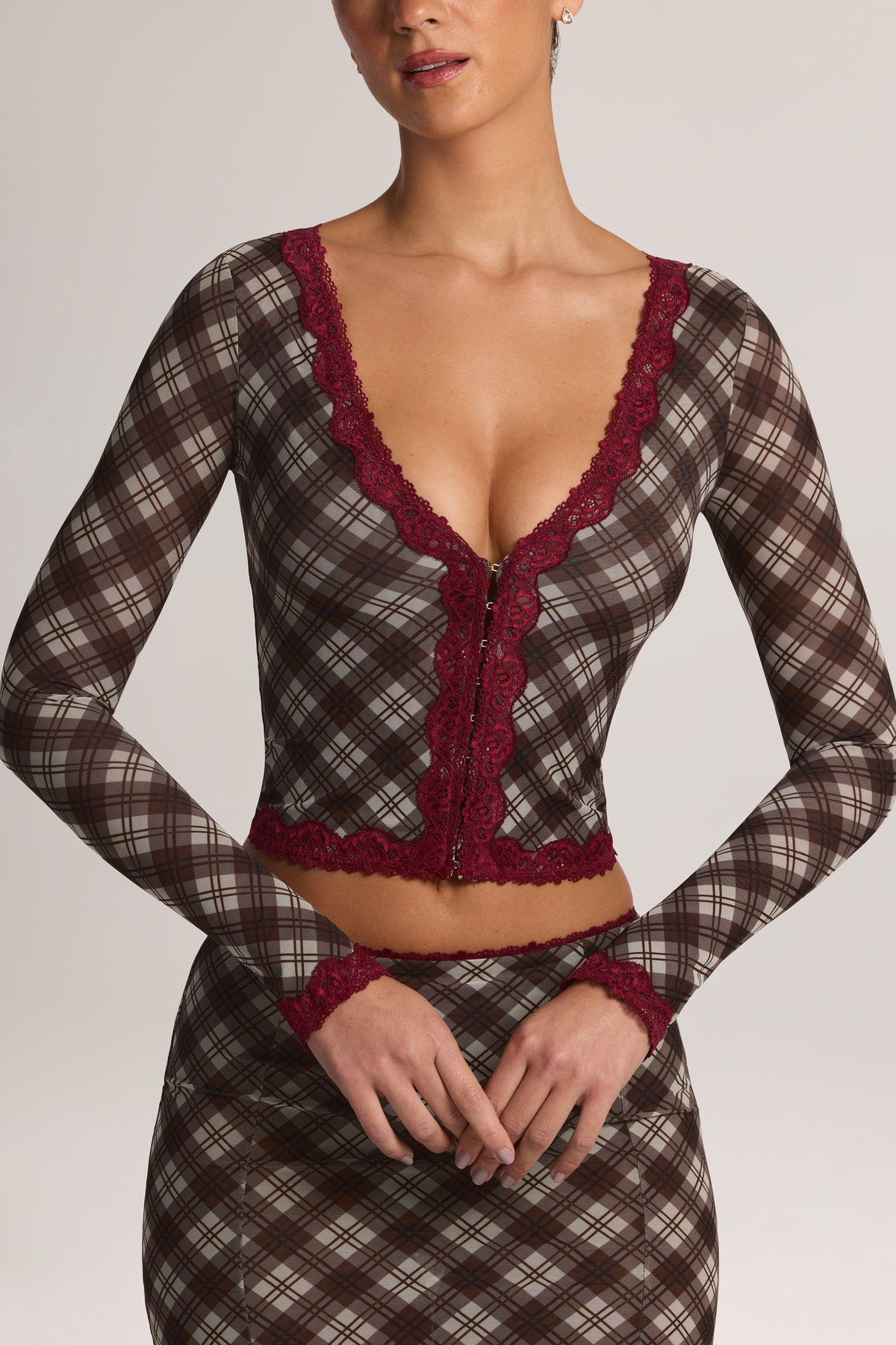 Lace-Trim Cropped Cardigan in Diagonal Check Print