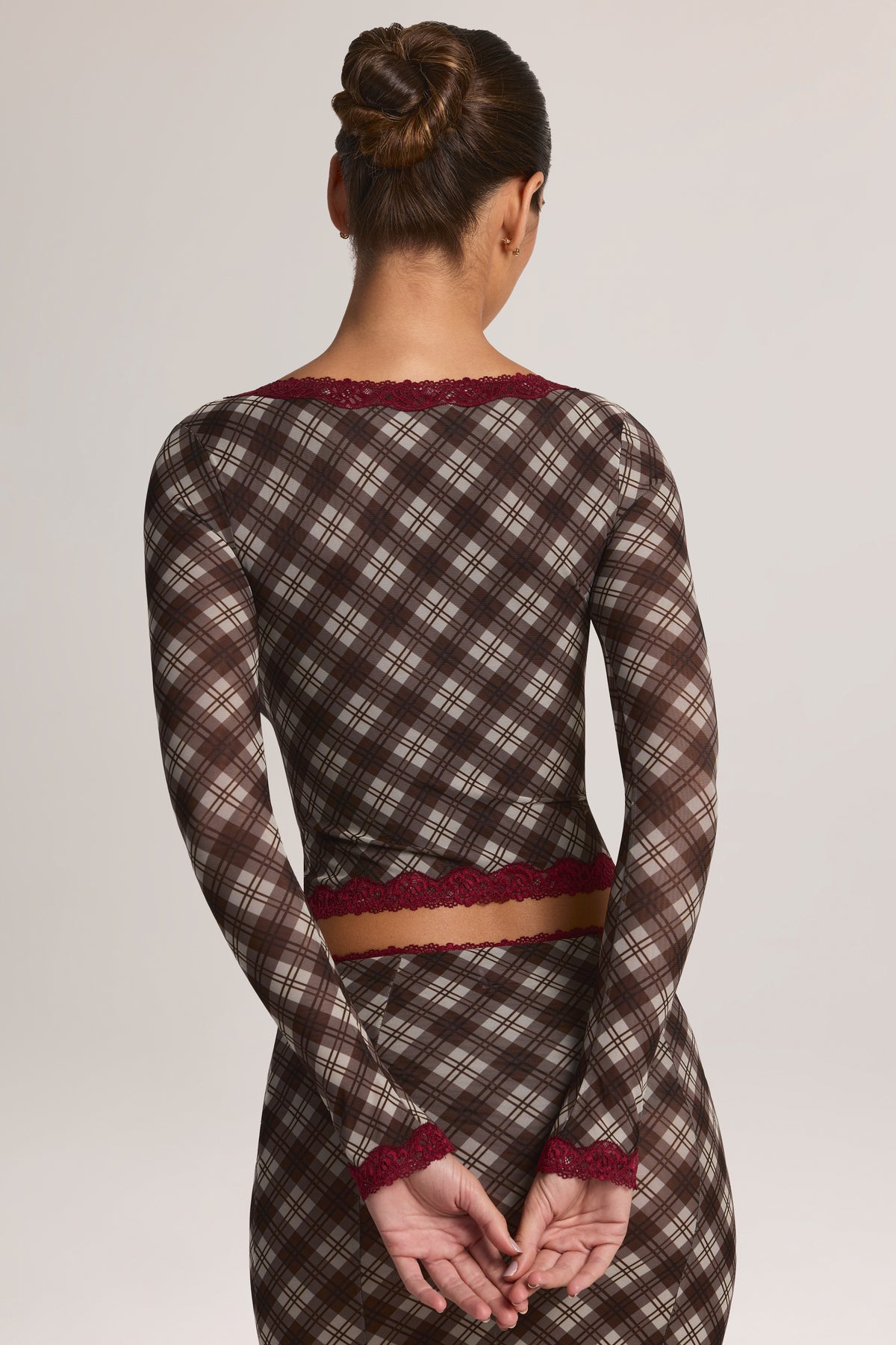 Lace-Trim Cropped Cardigan in Diagonal Check Print - 2
