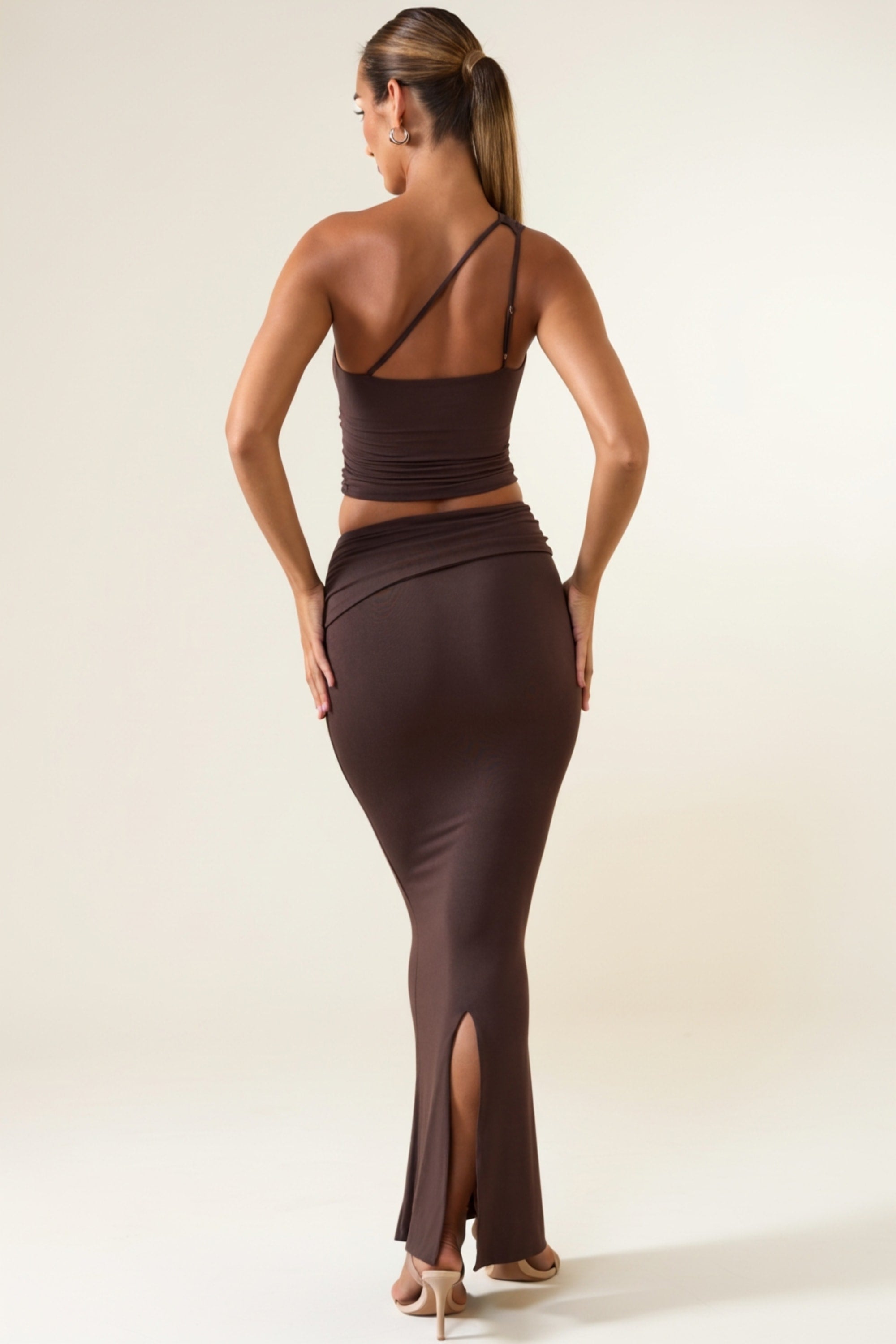 Modal Twist-Front Maxi Skirt in Chocolate Brown