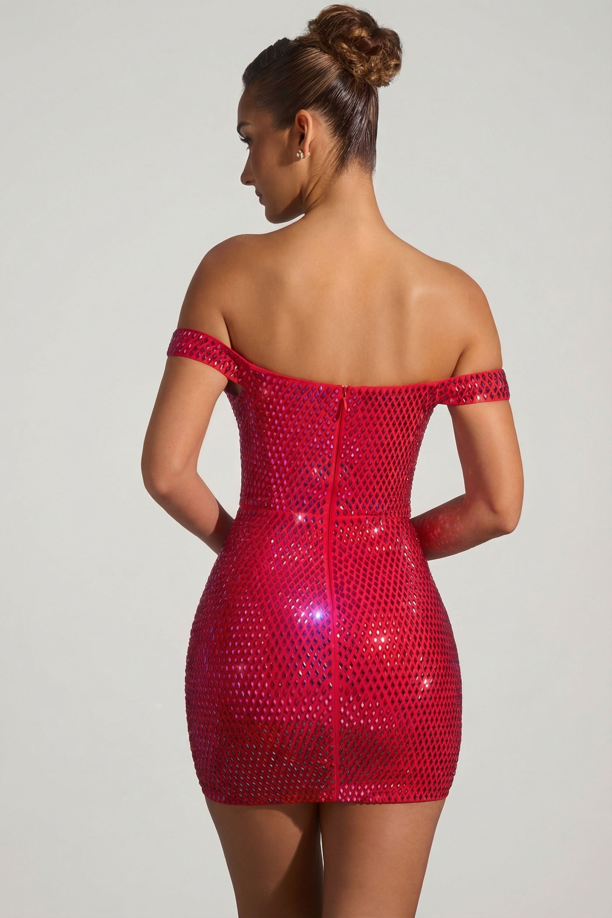 Embellished Off-Shoulder Mini Dress in Crimson Red - 2